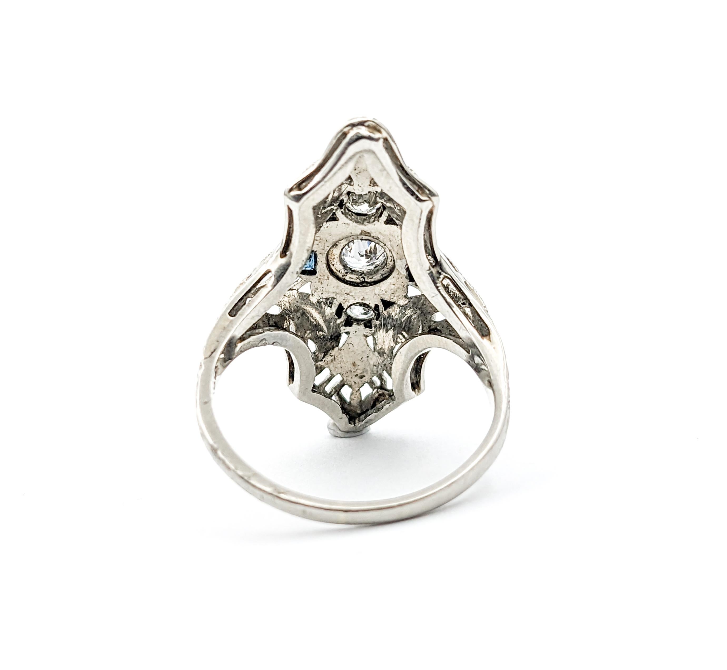 Antique Art Deco Era Diamond & Sapphire Shield Ring In White Gold For Sale 5