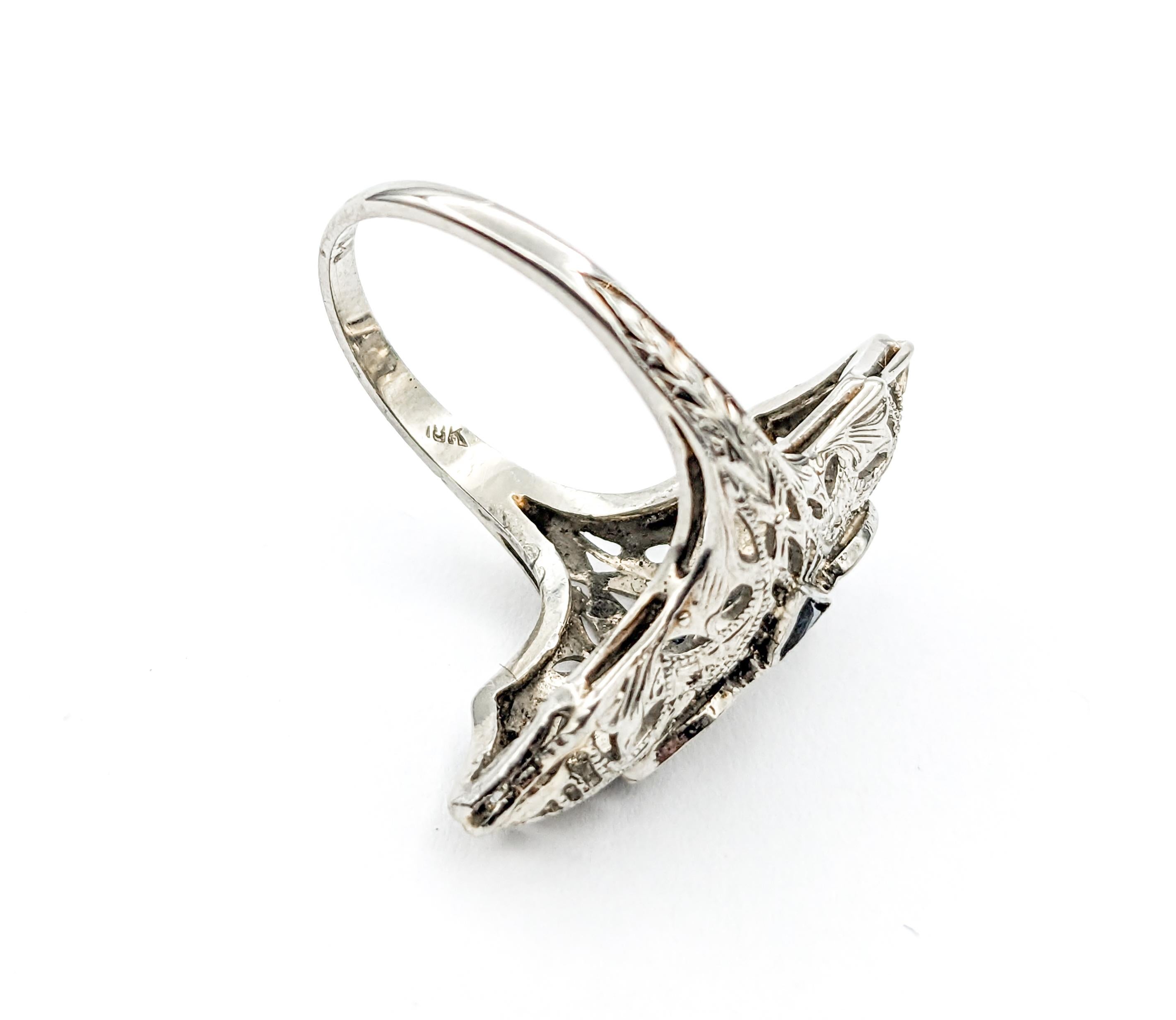 Antique Art Deco Era Diamond & Sapphire Shield Ring In White Gold For Sale 6