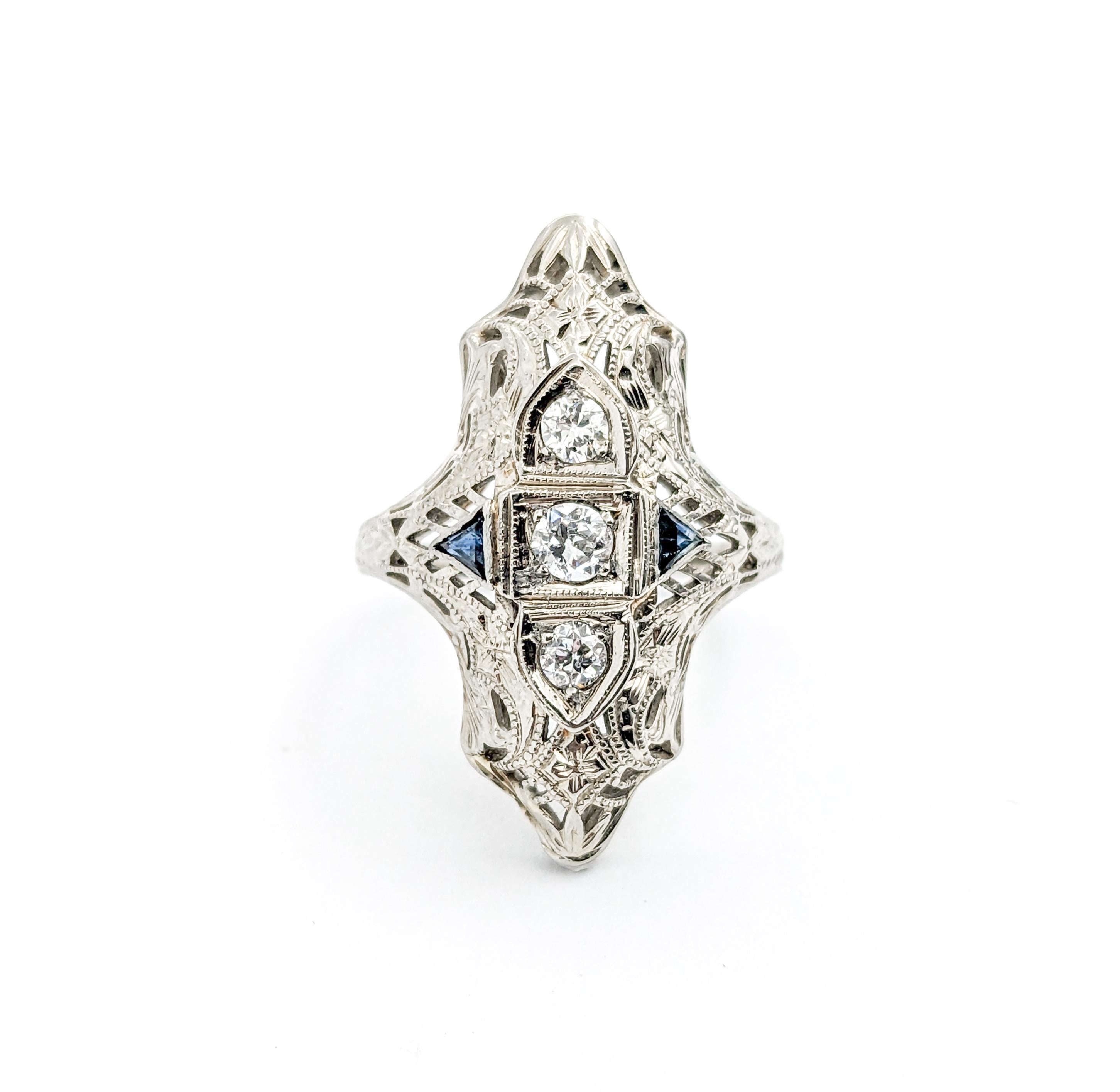 Antique Art Deco Era Diamond & Sapphire Shield Ring In White Gold In Excellent Condition For Sale In Bloomington, MN