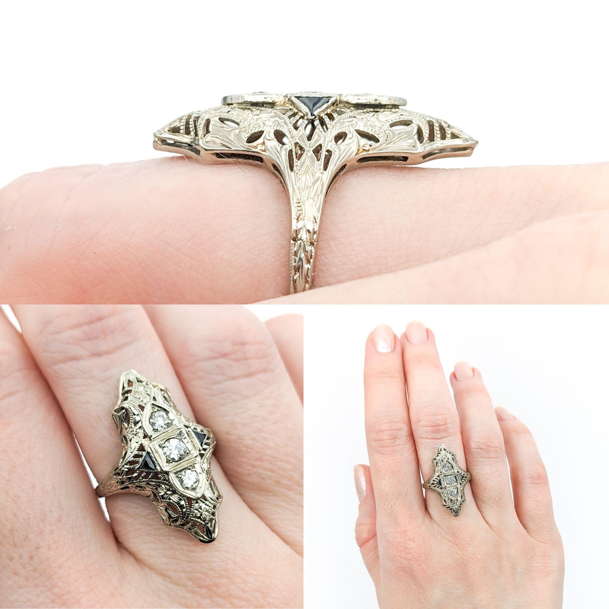 Women's Antique Art Deco Era Diamond & Sapphire Shield Ring In White Gold For Sale