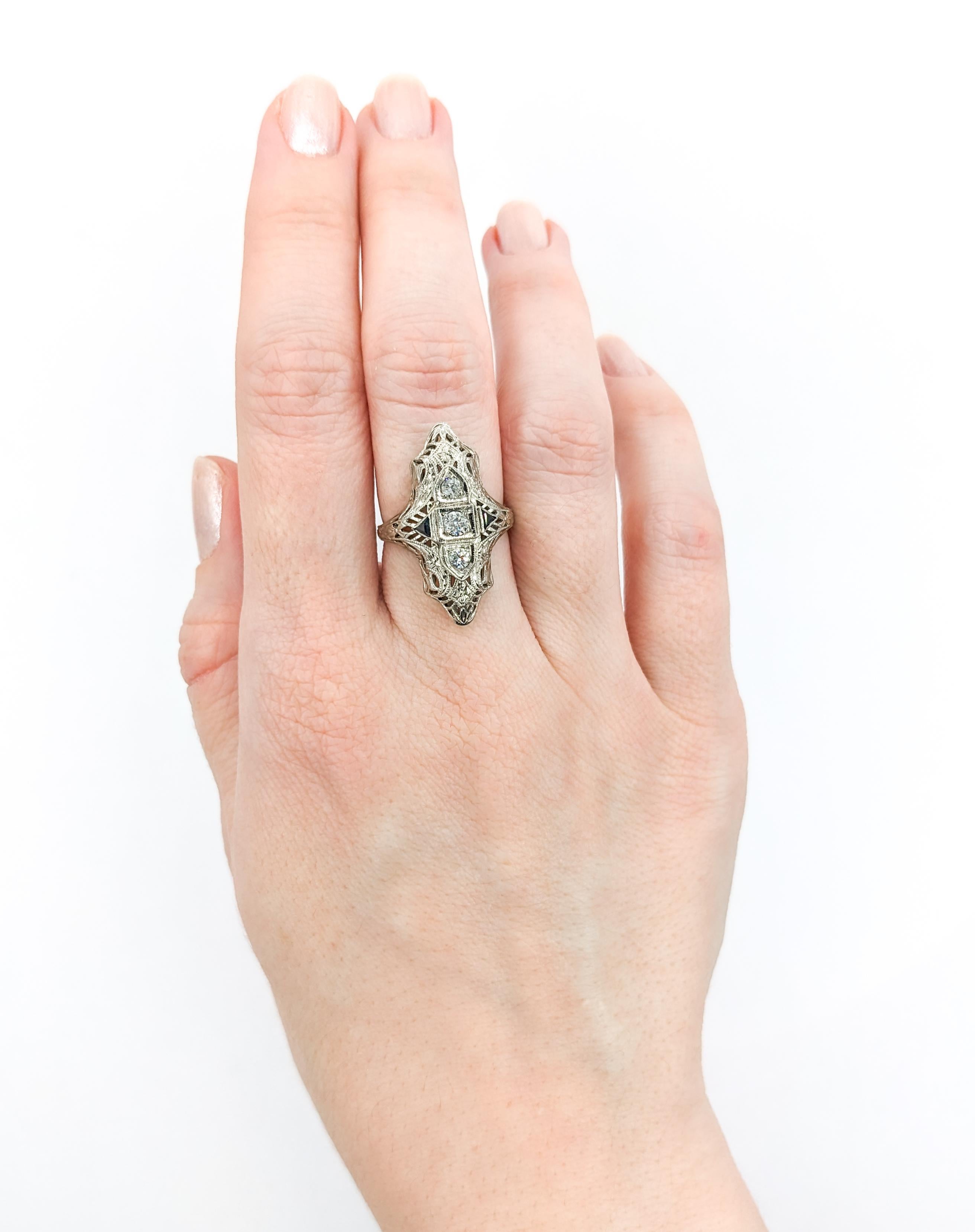 Antique Art Deco Era Diamond & Sapphire Shield Ring In White Gold For Sale 1