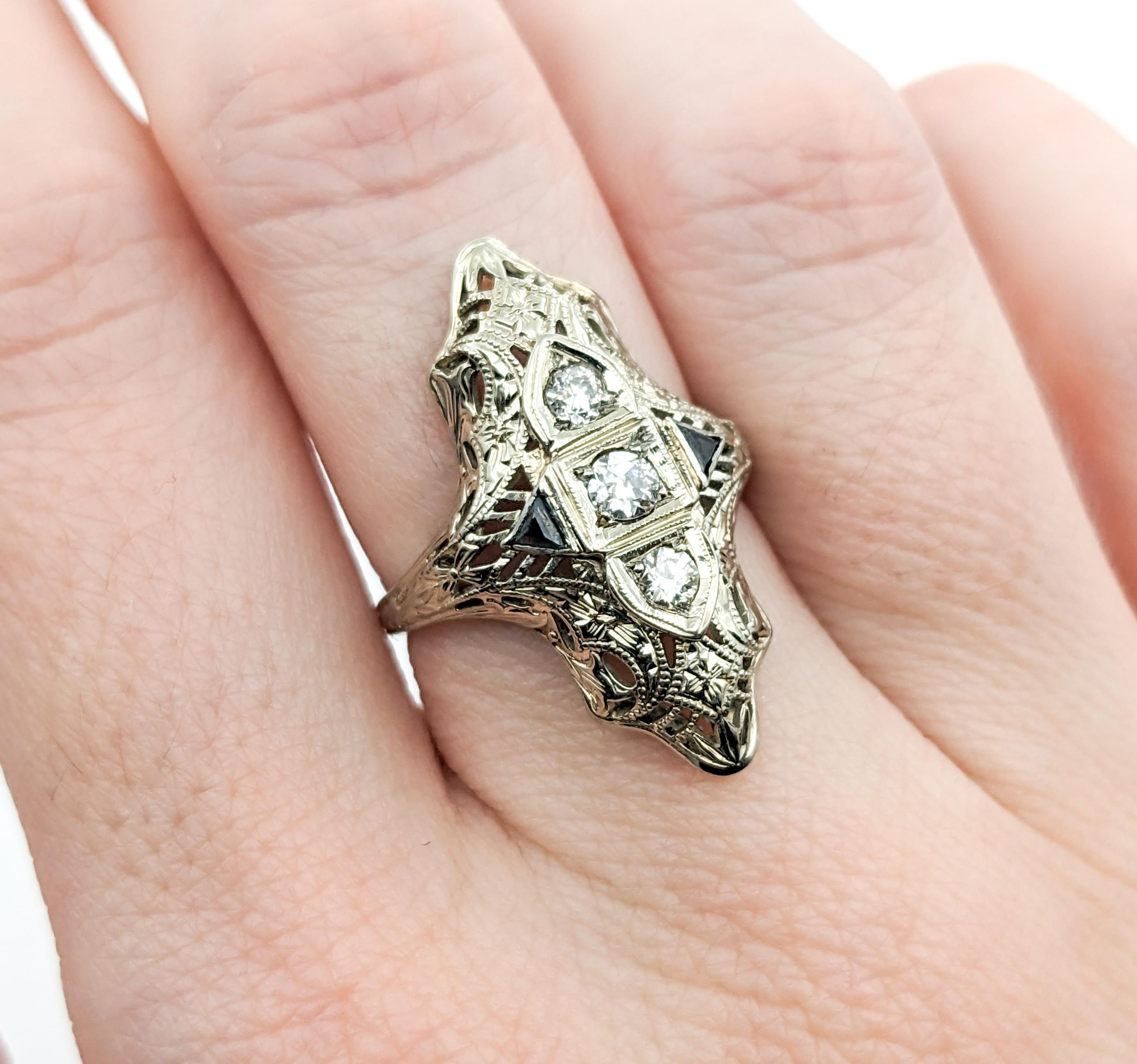 Antique Art Deco Era Diamond & Sapphire Shield Ring In White Gold For Sale 2
