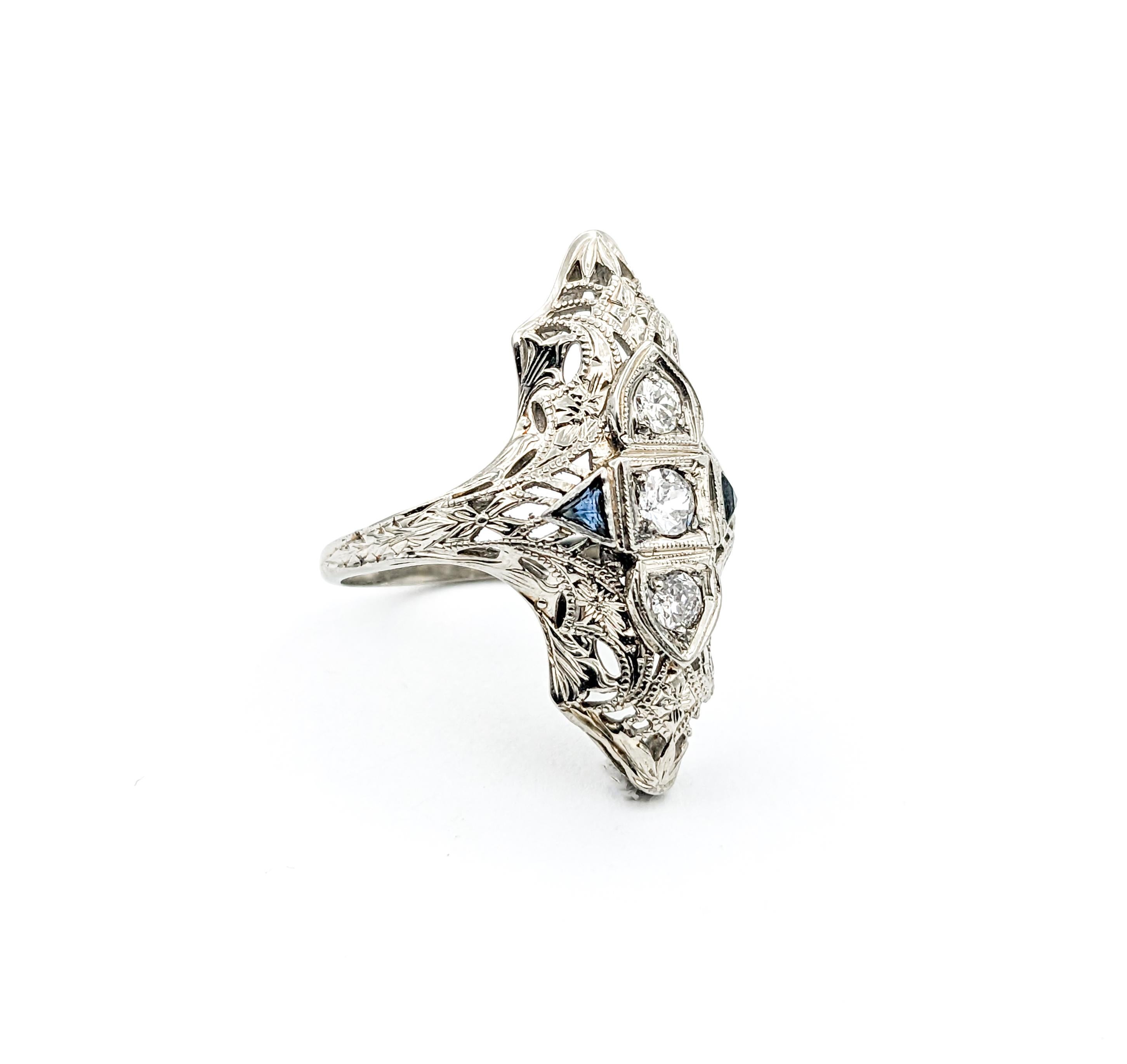 Antique Art Deco Era Diamond & Sapphire Shield Ring In White Gold For Sale 4