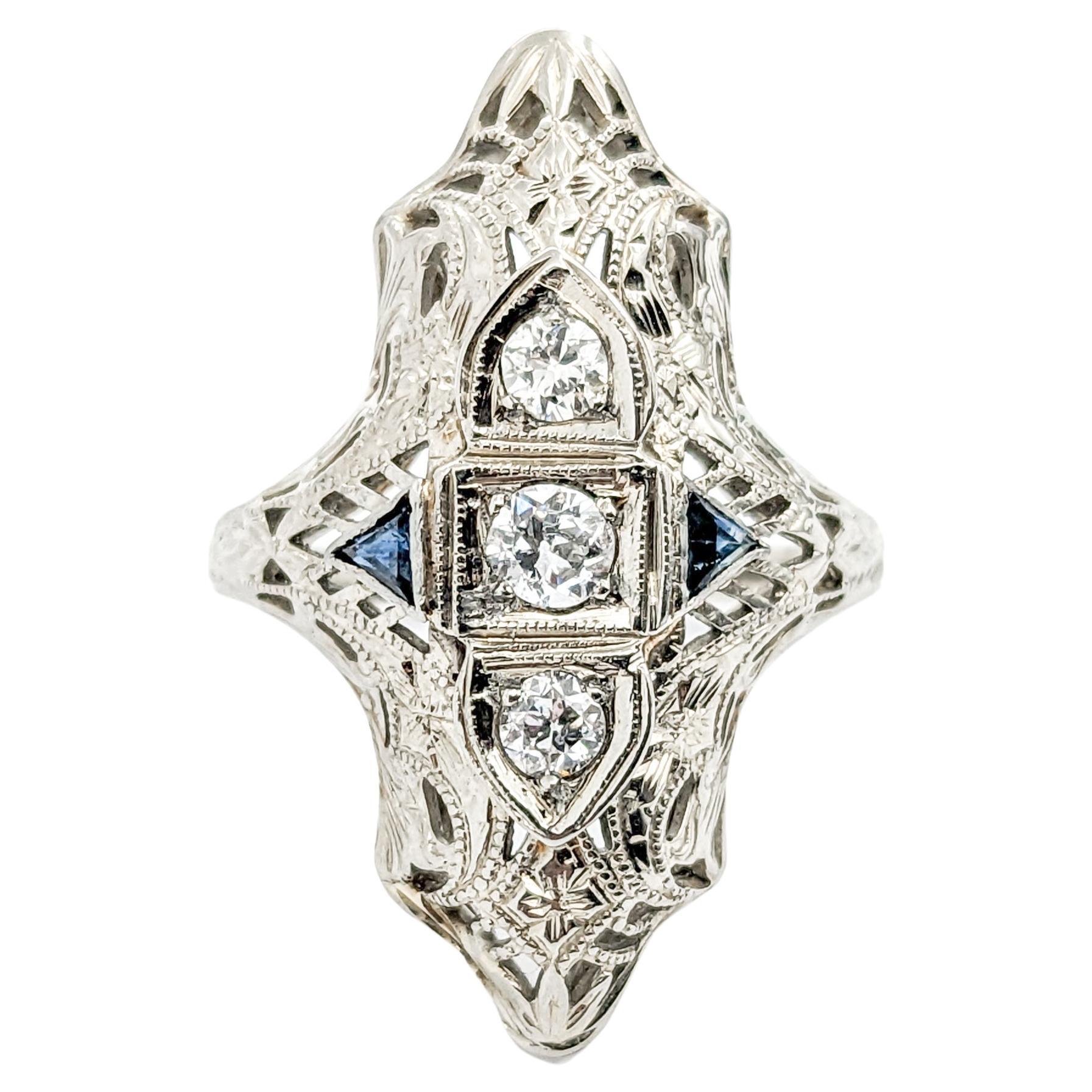 Antique Art Deco Era Diamond & Sapphire Shield Ring In White Gold For Sale