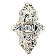 Antique Art Deco Era Diamond & Sapphire Shield Ring In White Gold