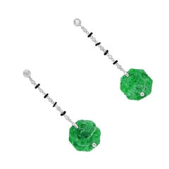 Pendientes Antiguos de Jade y Diamantes de la Época Art Déco, Platino