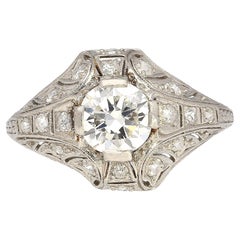 Vintage Art Deco Era Platinum 1 Carat Old European Cut Diamond Platinum Ring