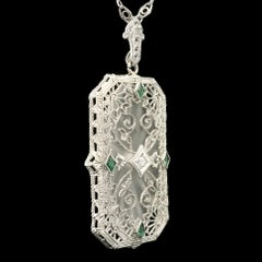 Antique Art Deco Esemeo White Gold Camphor Glass Filigree Pendant Chain Necklace