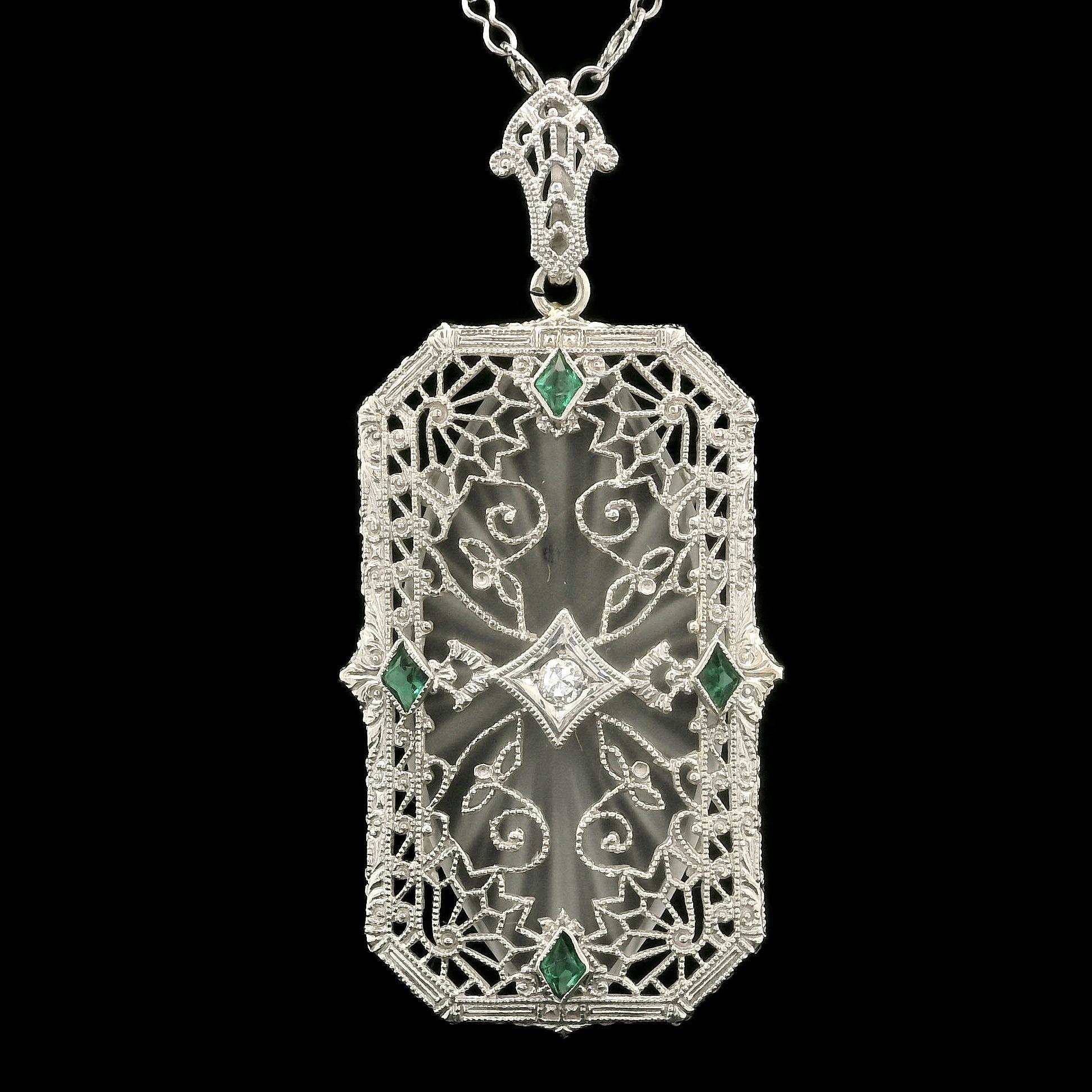 Collier Chaîne de pendentifs en verre filigrané, or blanc camphre, Arte Antiques Art Deco en vente 2