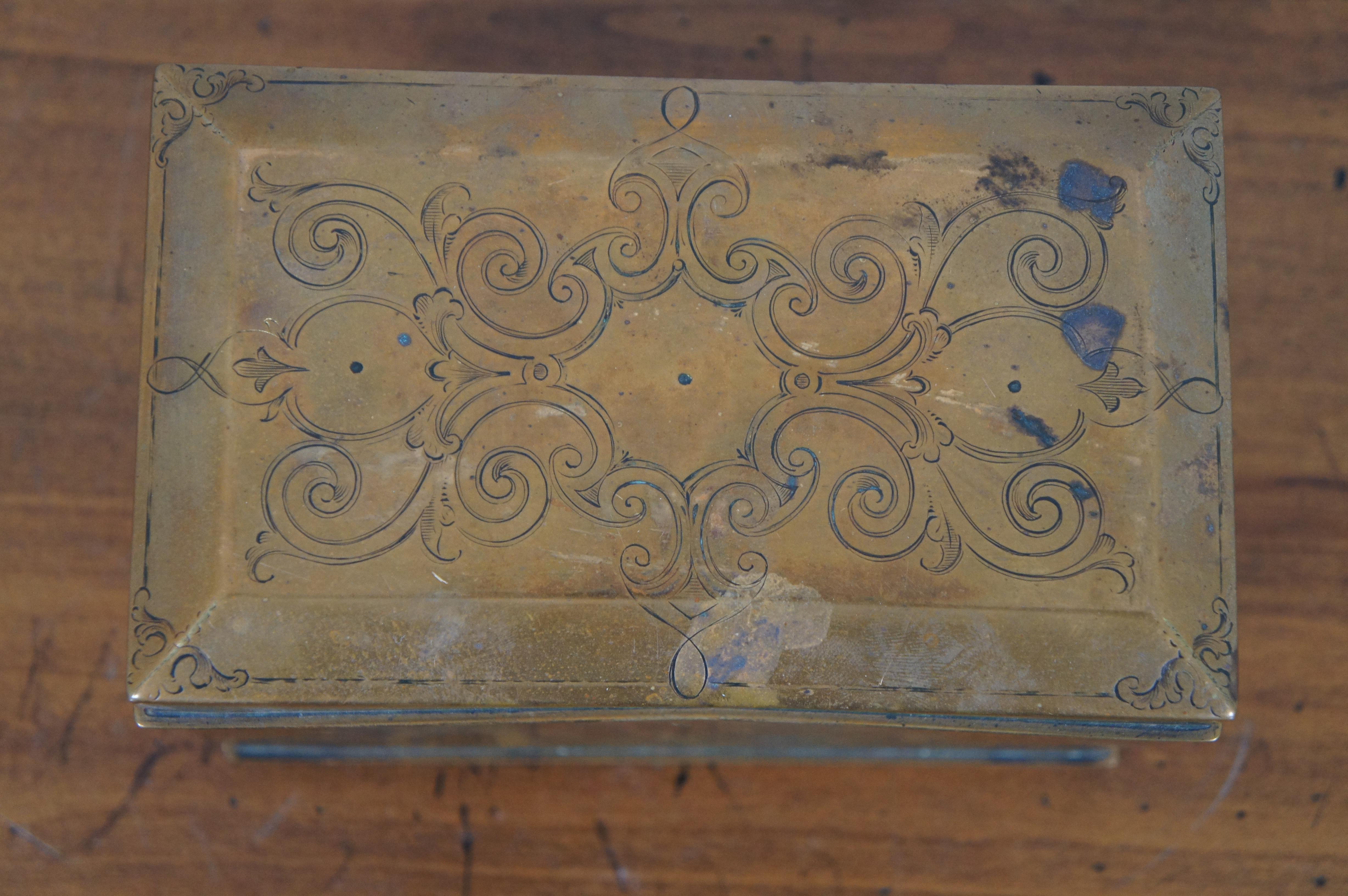 20th Century Antique Art Deco Etched Brass Stationary Box Letter Chest Portable Organizer