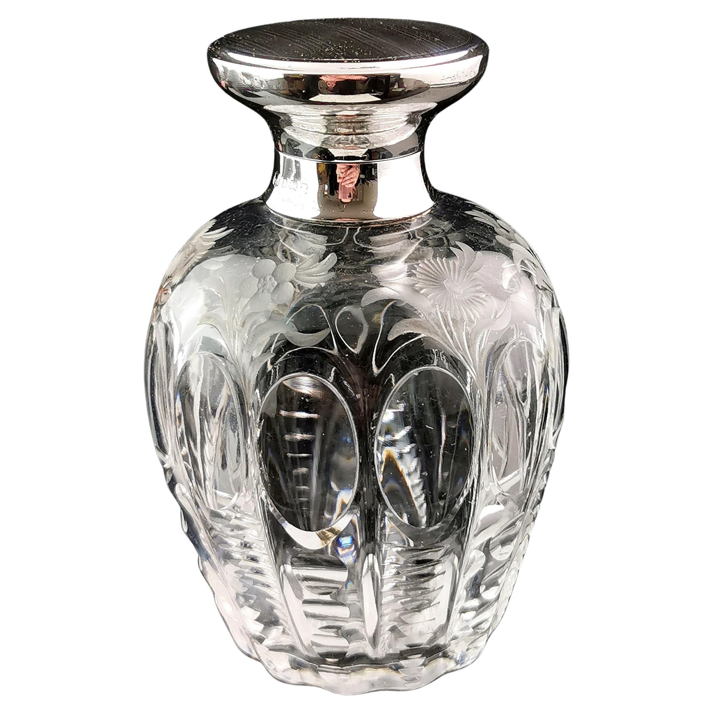 Antique Art Deco etched glass scent bottle, Sterling silver, Floral 