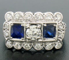 Antique Art Deco Etched Platinum 1.0ctw European Cut Diamond & Sapphire Ring