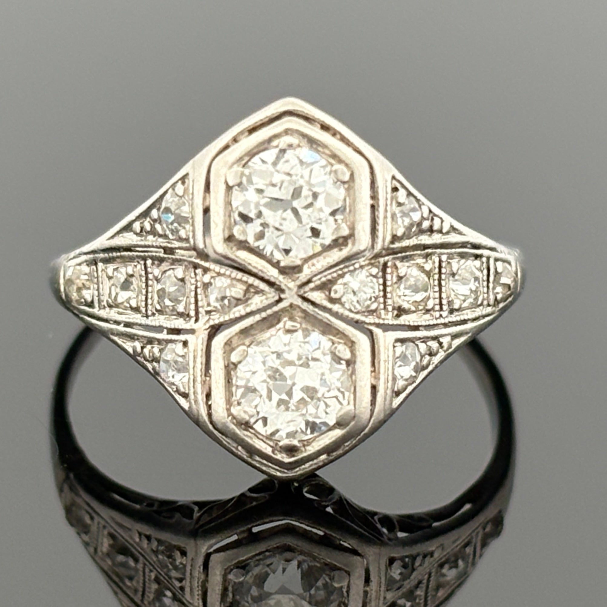 Antique Art Deco European Cut Diamond Platinum Toi et Moi Ring