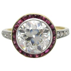 Antique Art Deco European Cut Diamond with Ruby Halo Engagement Ring 18 Karat
