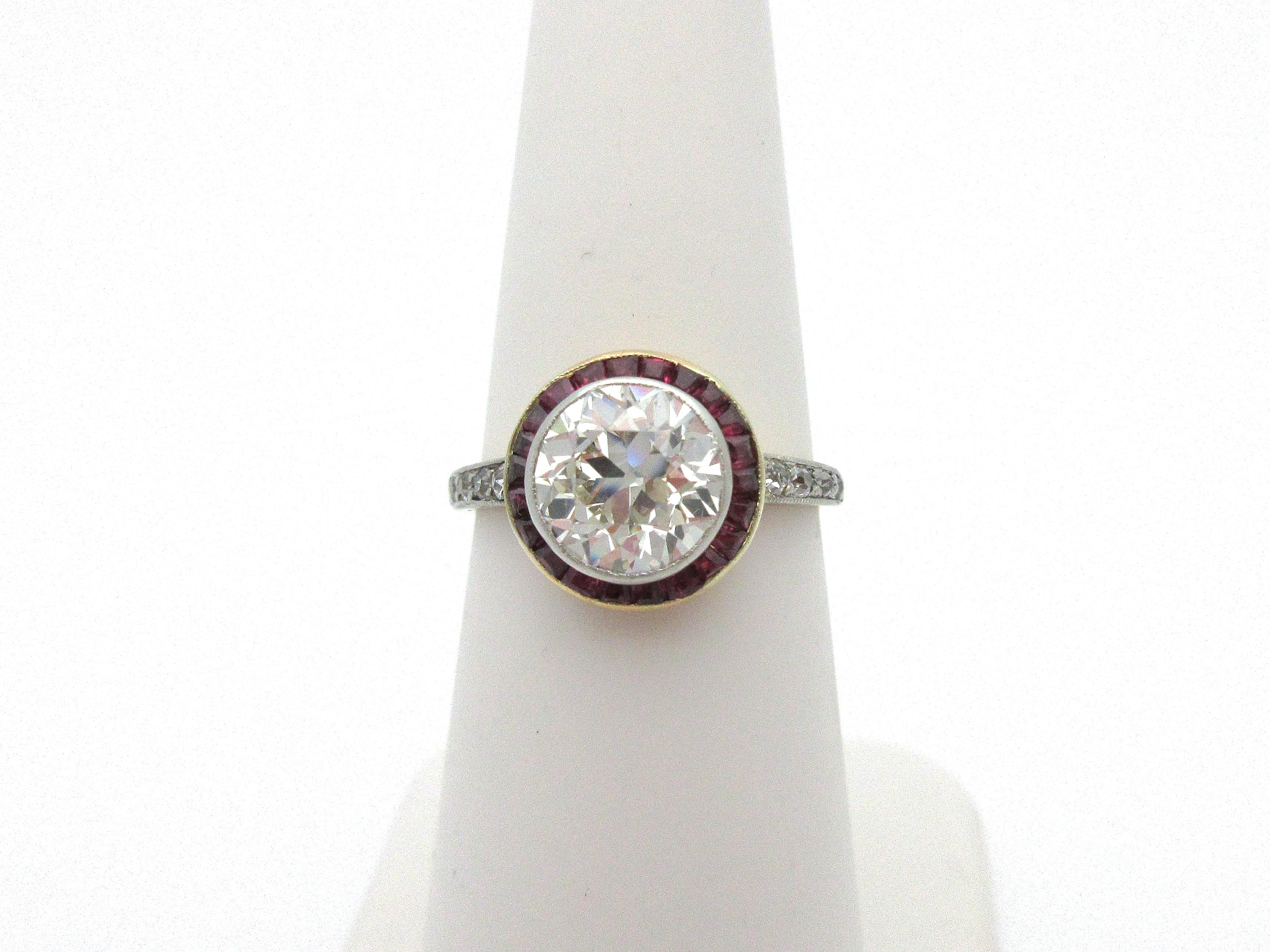 Antique Art Deco European Cut Diamond with Ruby Halo Engagement Ring 18 Karat 5
