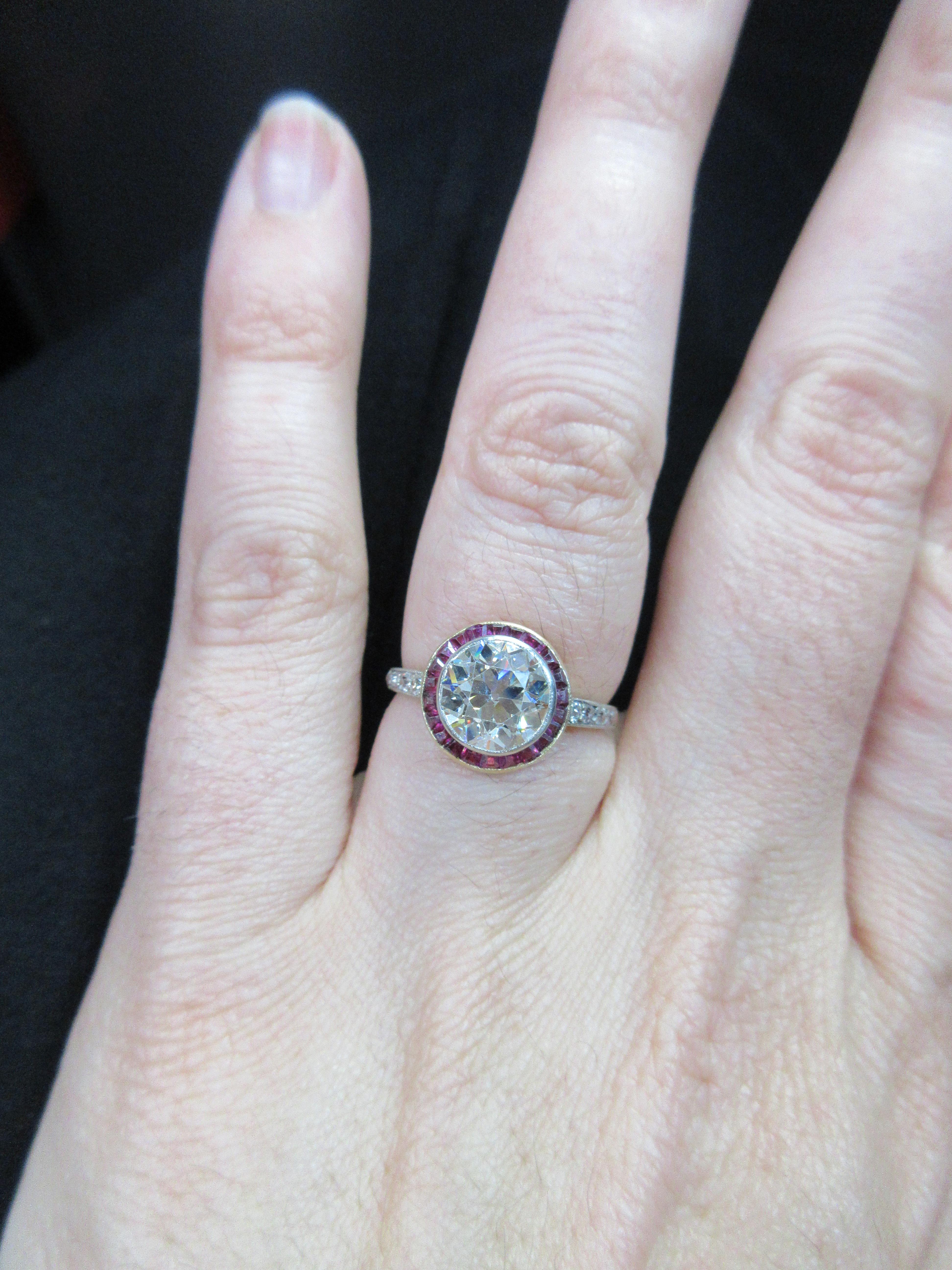Antique Art Deco European Cut Diamond with Ruby Halo Engagement Ring 18 Karat 6