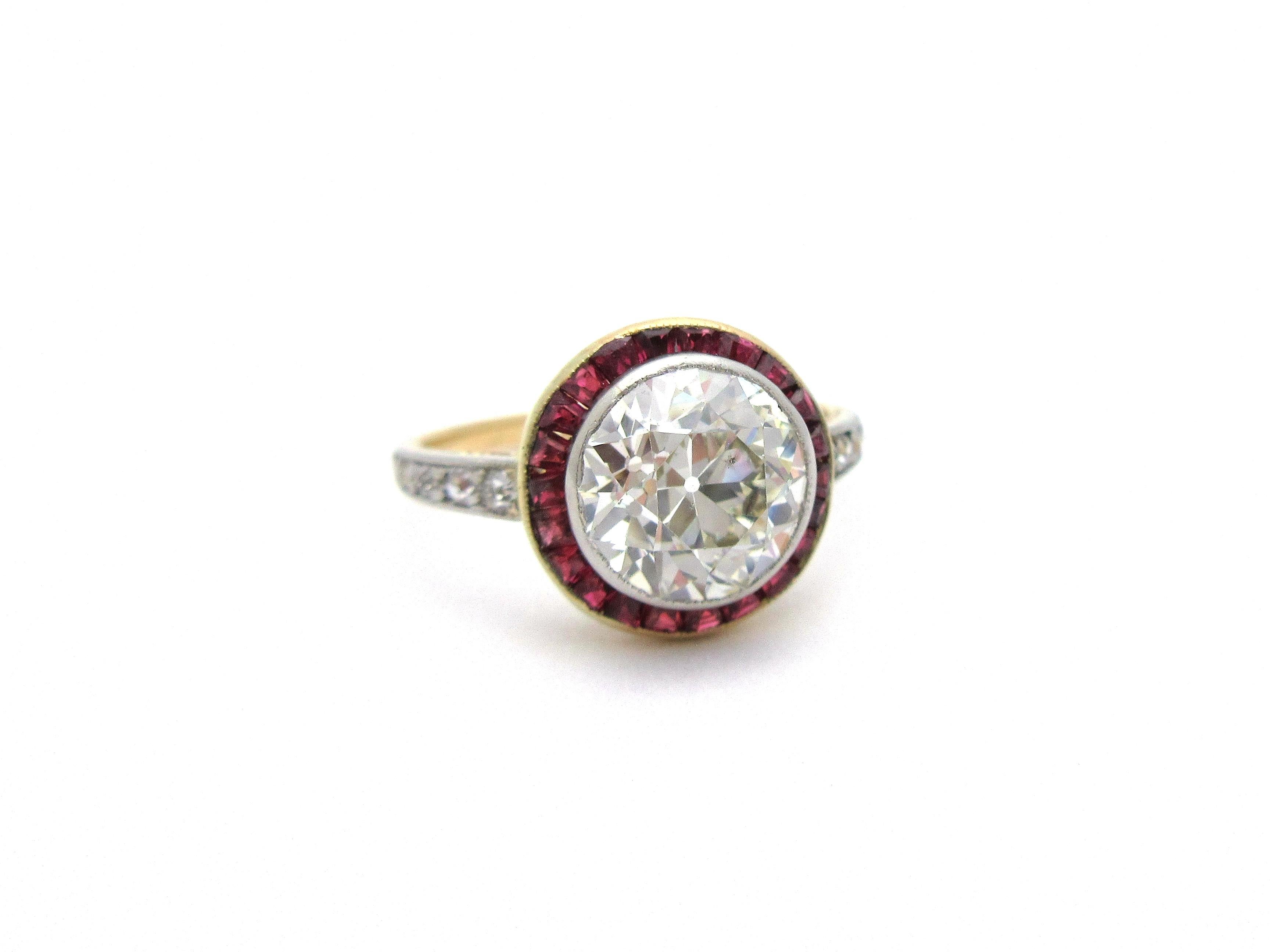 Old European Cut Antique Art Deco European Cut Diamond with Ruby Halo Engagement Ring 18 Karat