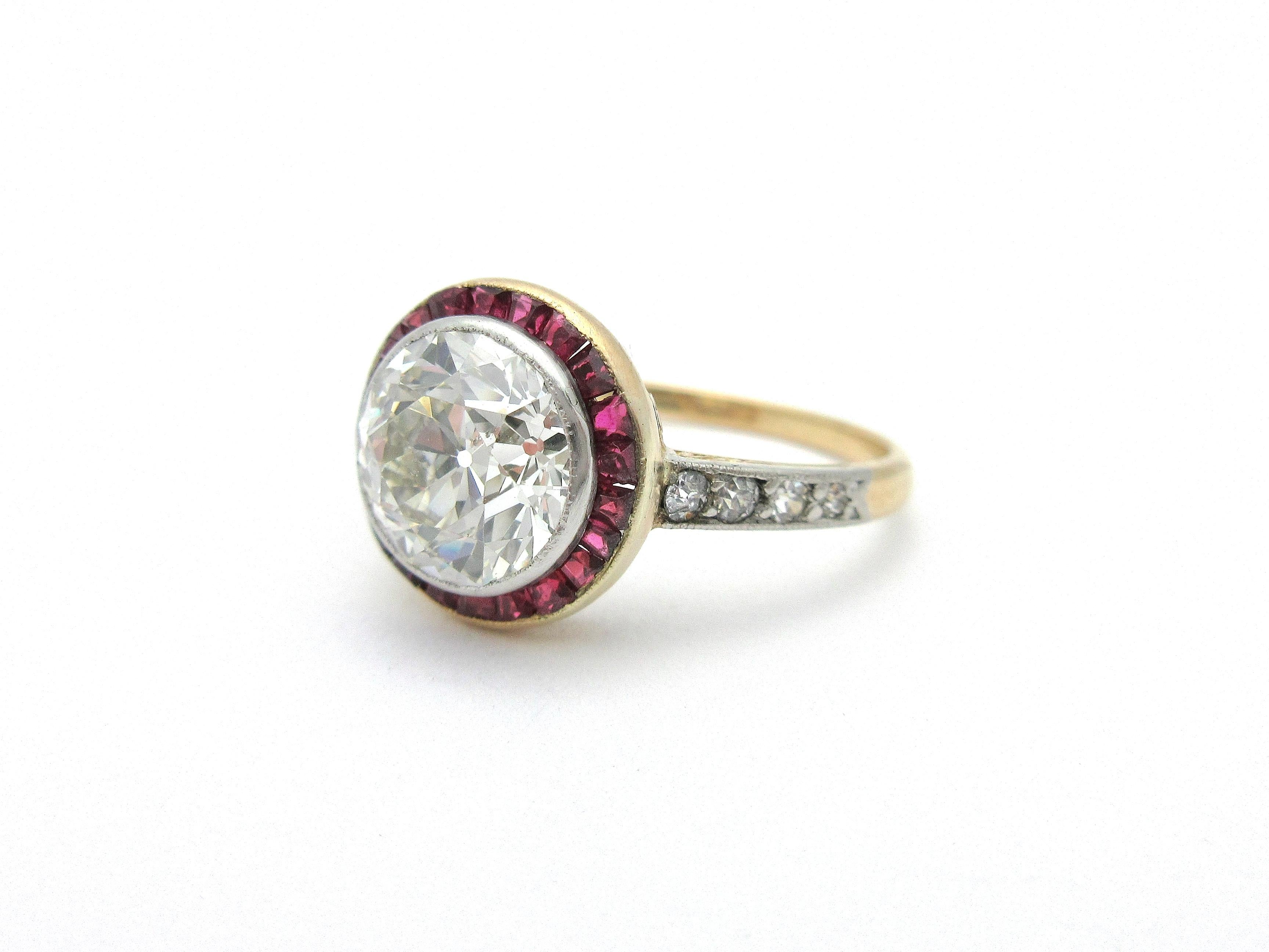 Antique Art Deco European Cut Diamond with Ruby Halo Engagement Ring 18 Karat In Good Condition In Manchester, NH