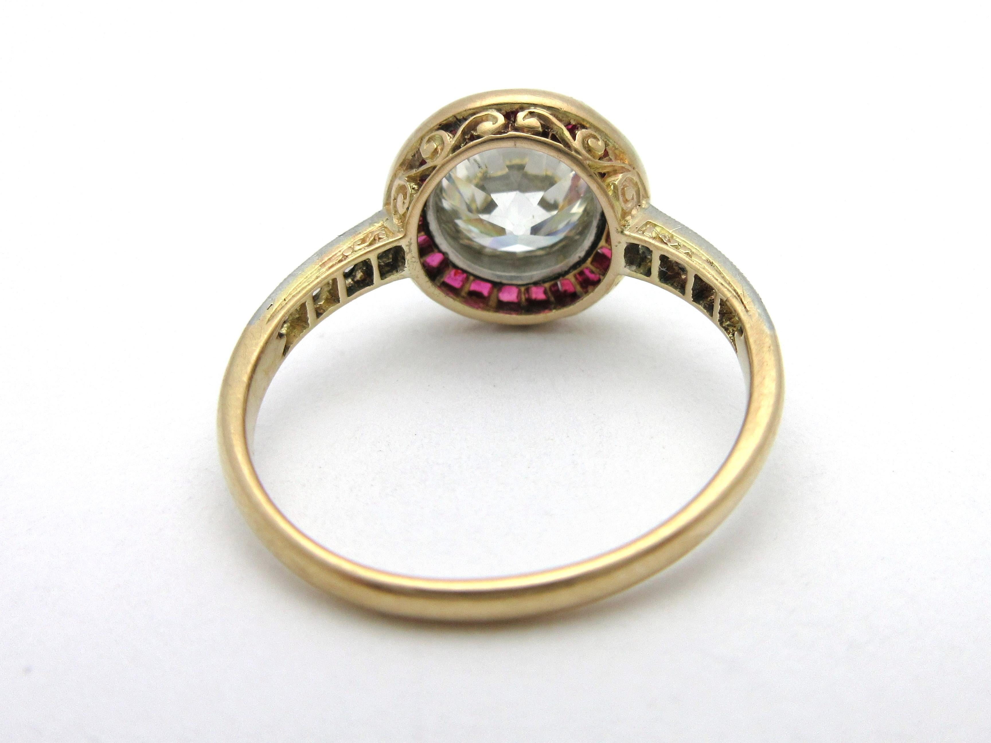 Women's or Men's Antique Art Deco European Cut Diamond with Ruby Halo Engagement Ring 18 Karat