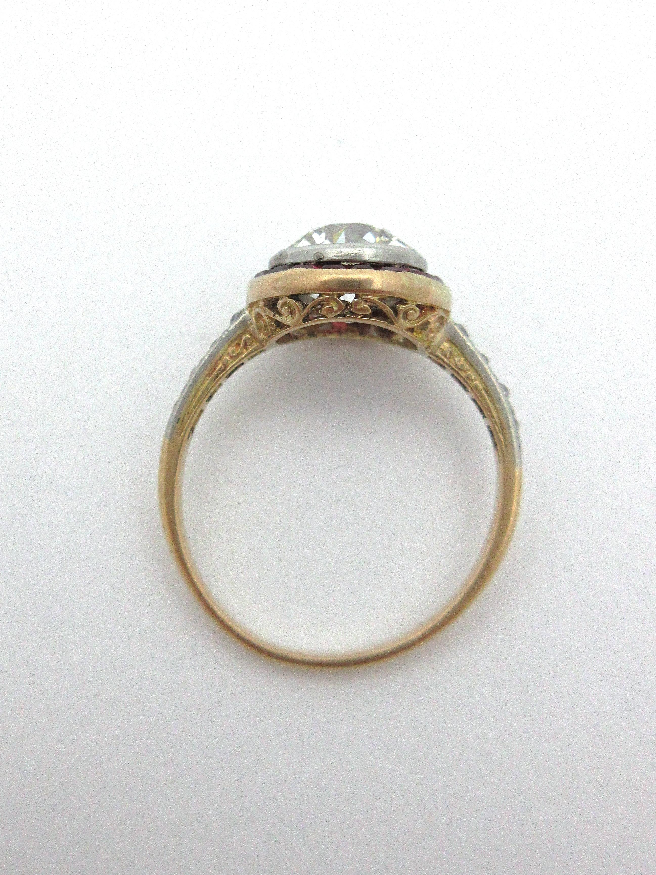 Antique Art Deco European Cut Diamond with Ruby Halo Engagement Ring 18 Karat 1