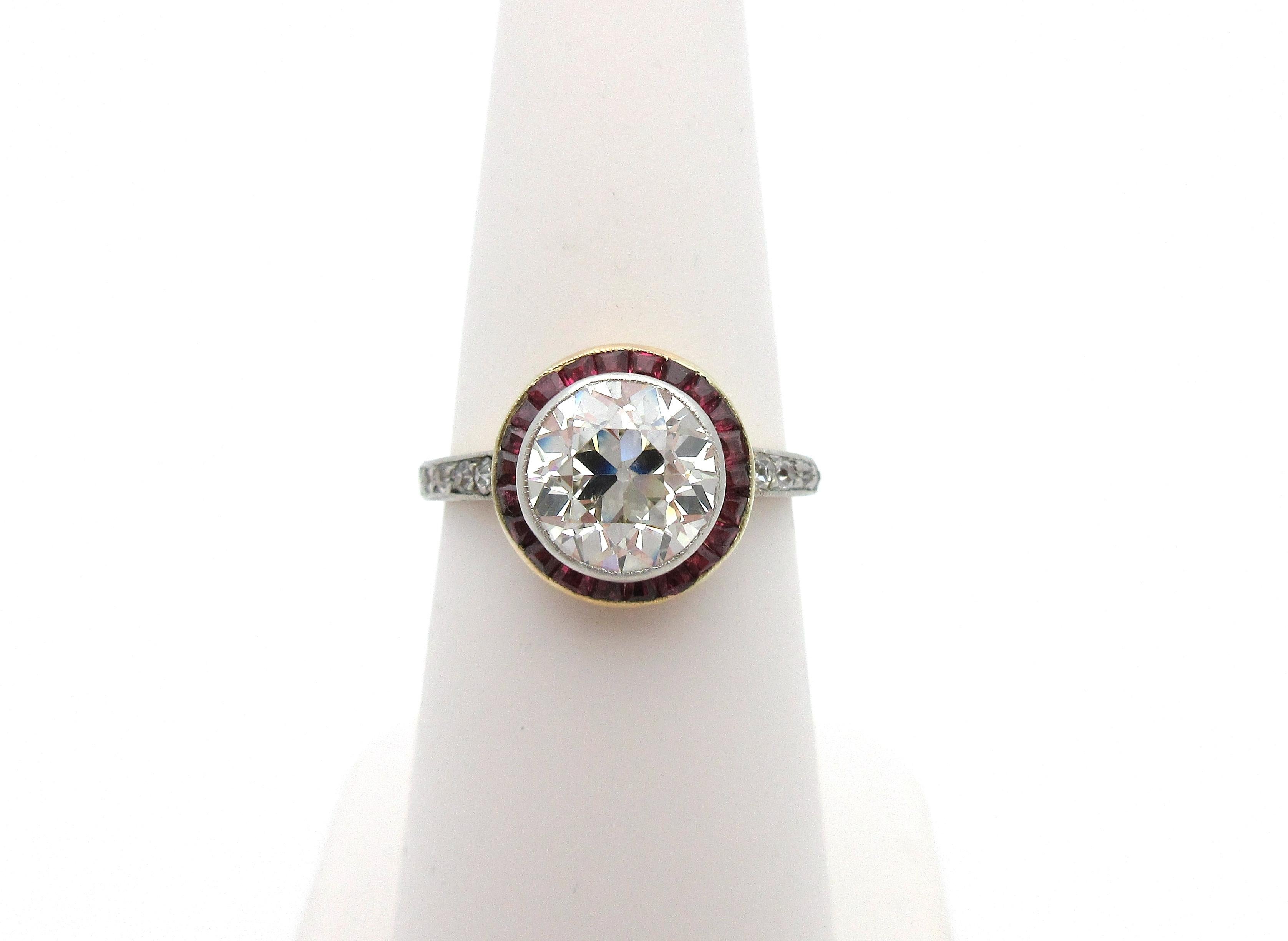 Antique Art Deco European Cut Diamond with Ruby Halo Engagement Ring 18 Karat 3