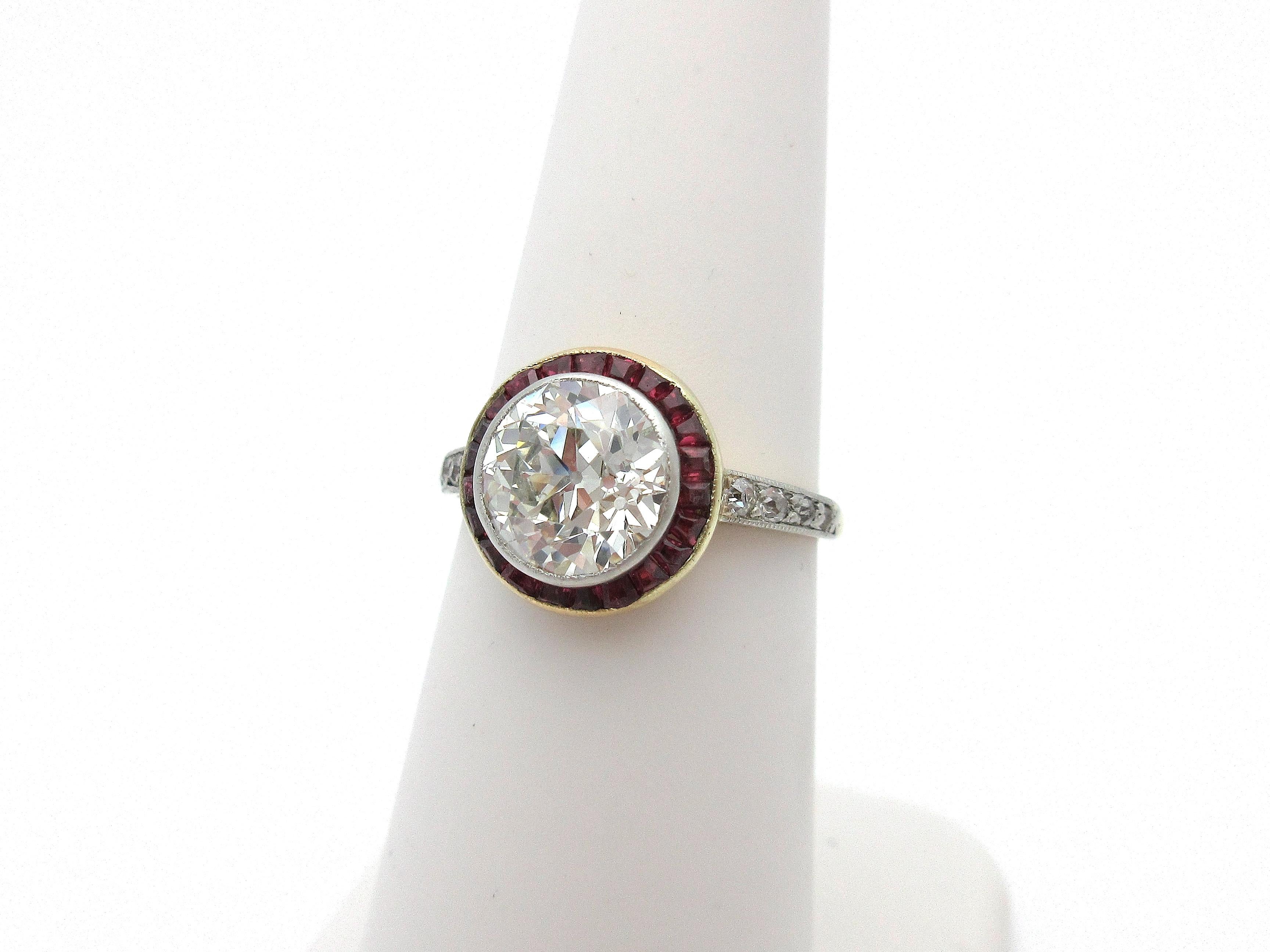 Antique Art Deco European Cut Diamond with Ruby Halo Engagement Ring 18 Karat 4