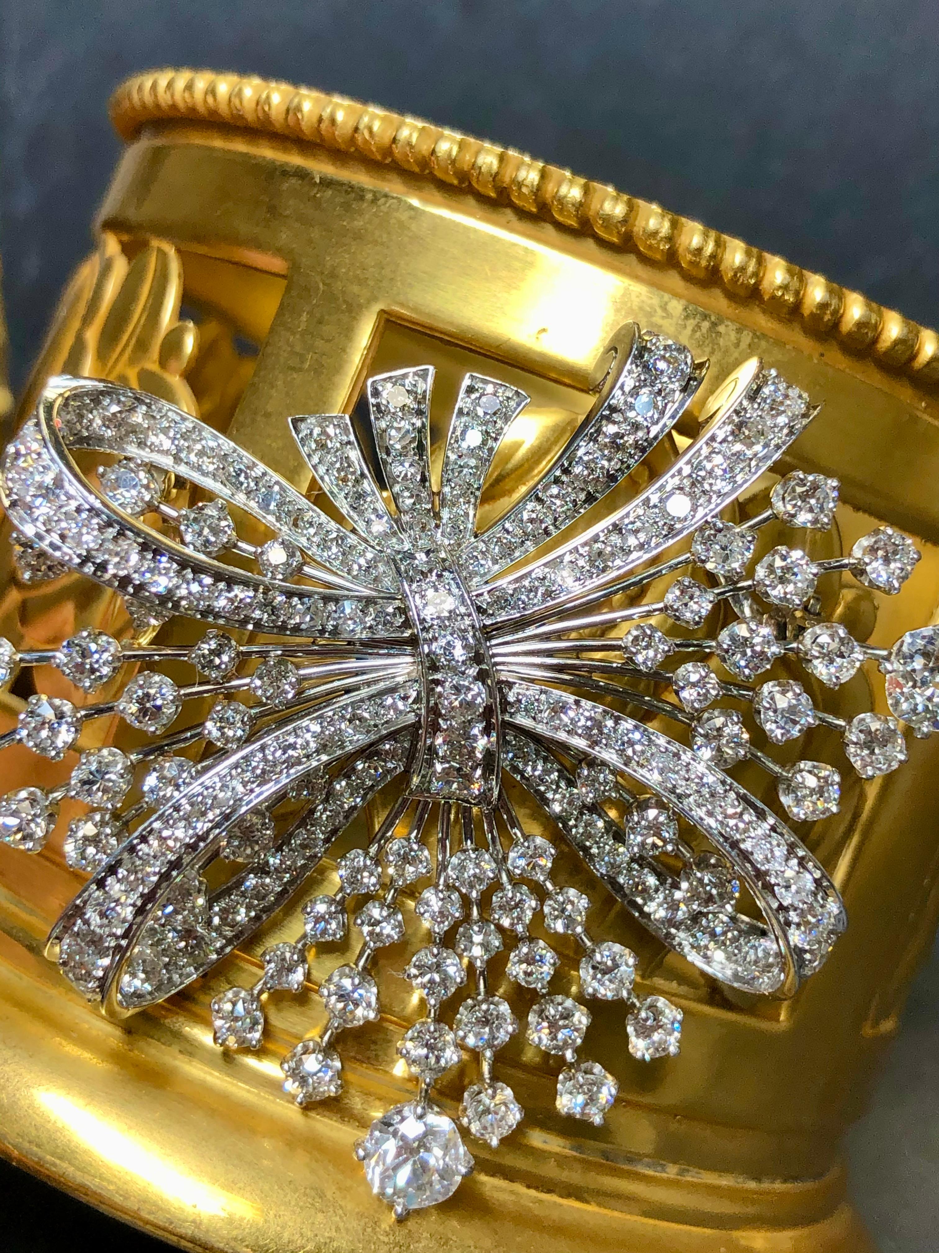 Old European Cut Antique Art Deco European Cut Large Diamond Spray Brooch Pin Pendant 7.10cttw For Sale