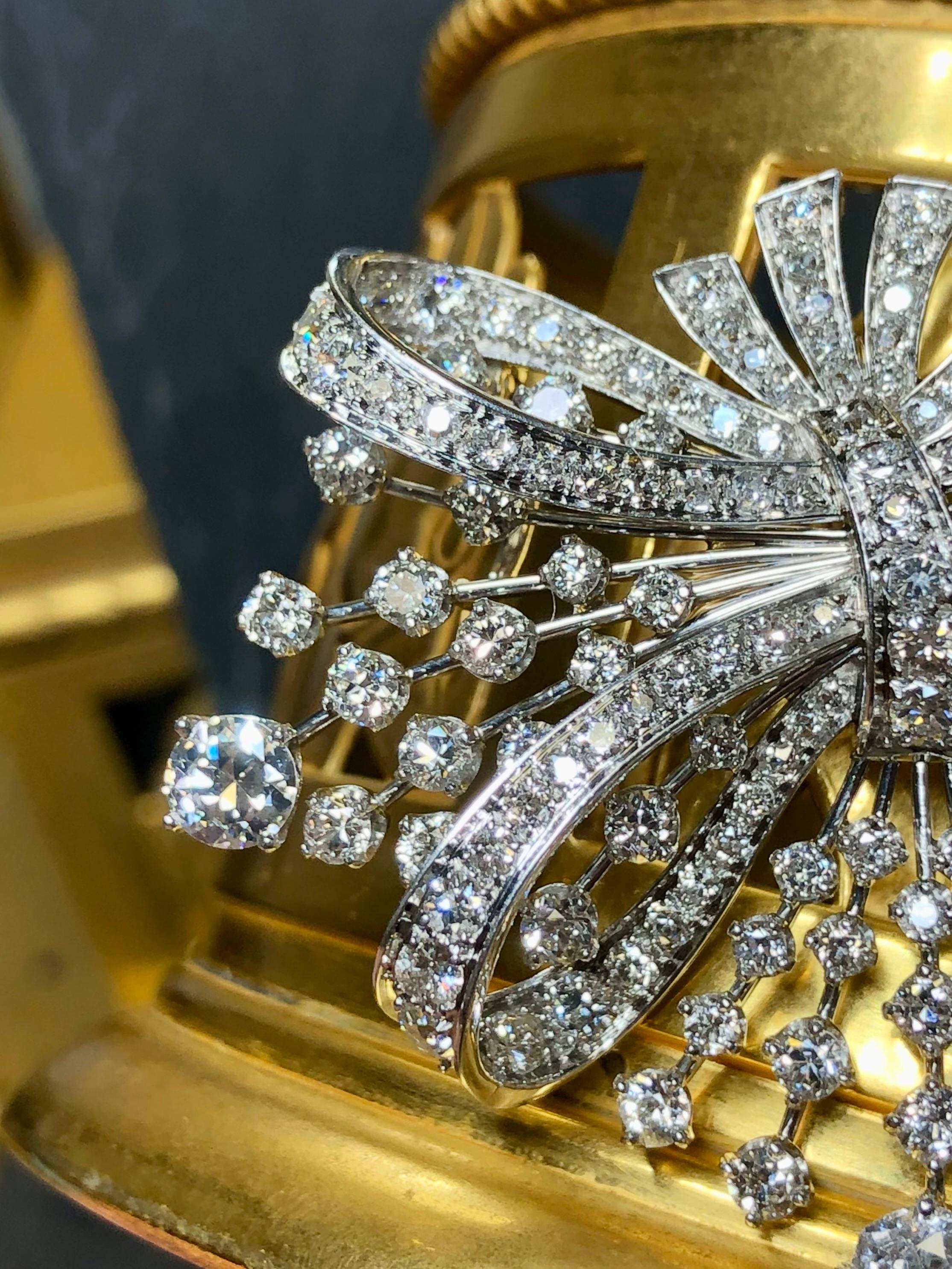 Women's or Men's Antique Art Deco European Cut Large Diamond Spray Brooch Pin Pendant 7.10cttw For Sale
