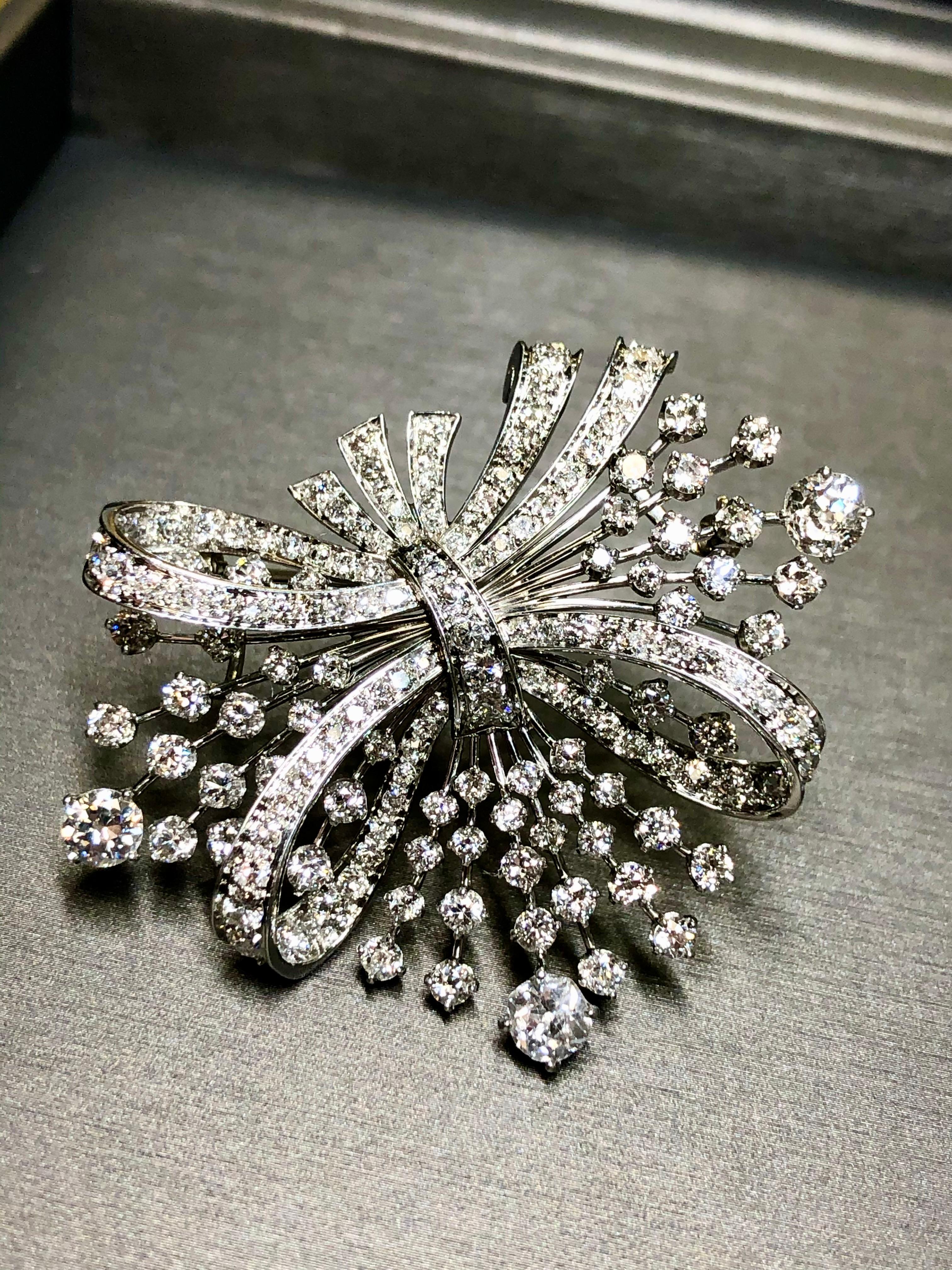 Antique Art Deco European Cut Large Diamond Spray Brooch Pin Pendant 7.10cttw For Sale 1