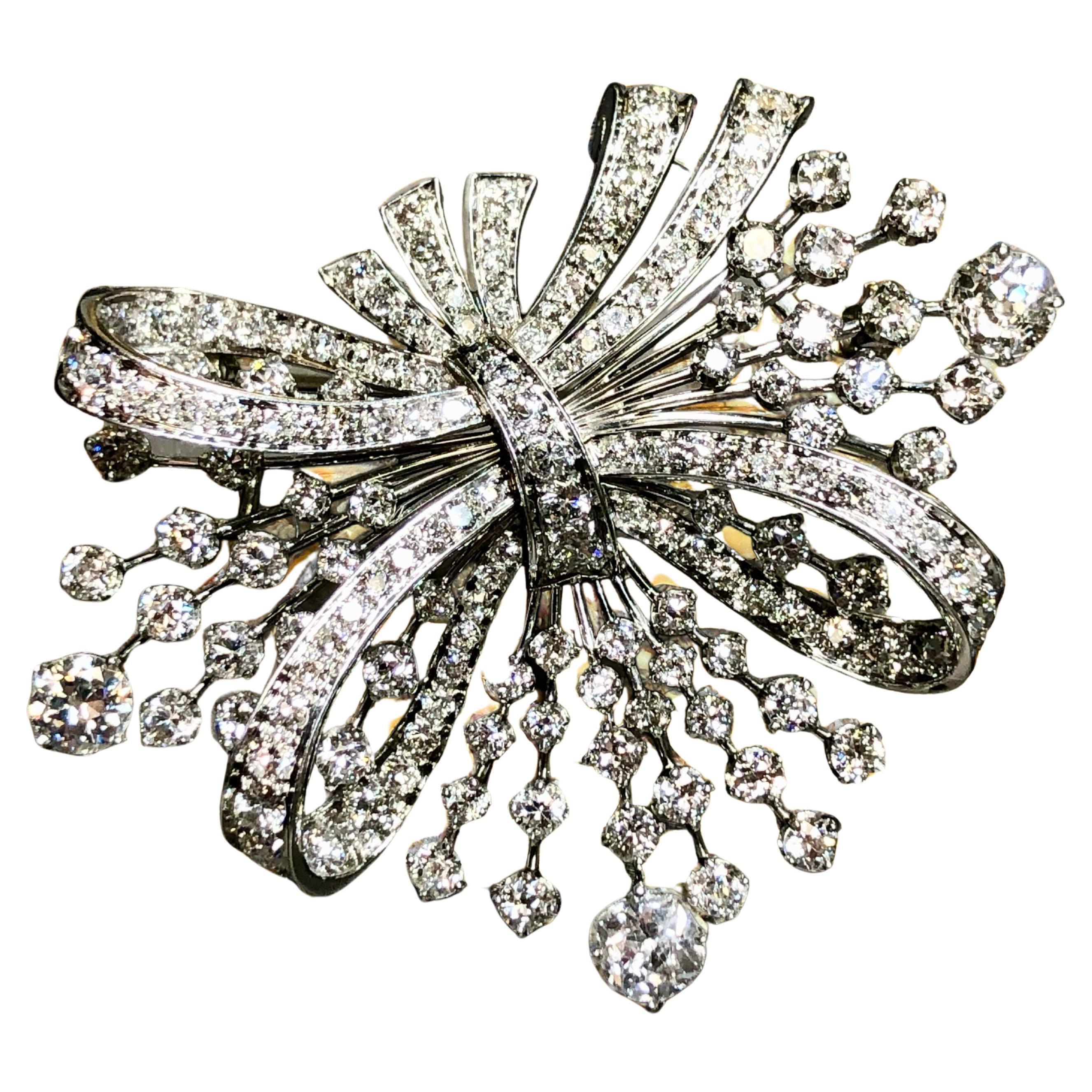 Antique Art Deco European Cut Large Diamond Spray Brooch Pin Pendant 7.10cttw For Sale