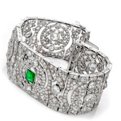 Antique Art Deco European Diamond Emerald Platinum Wide Filigree Bracelet