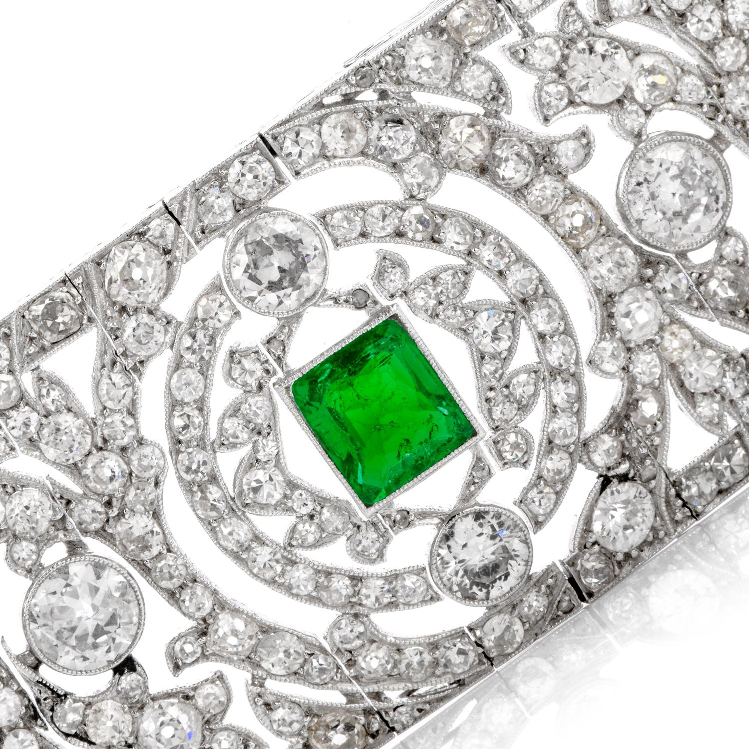 Emerald Cut Antique Art Deco European Diamond Emerald Platinum Wide Filigree Bracelet For Sale