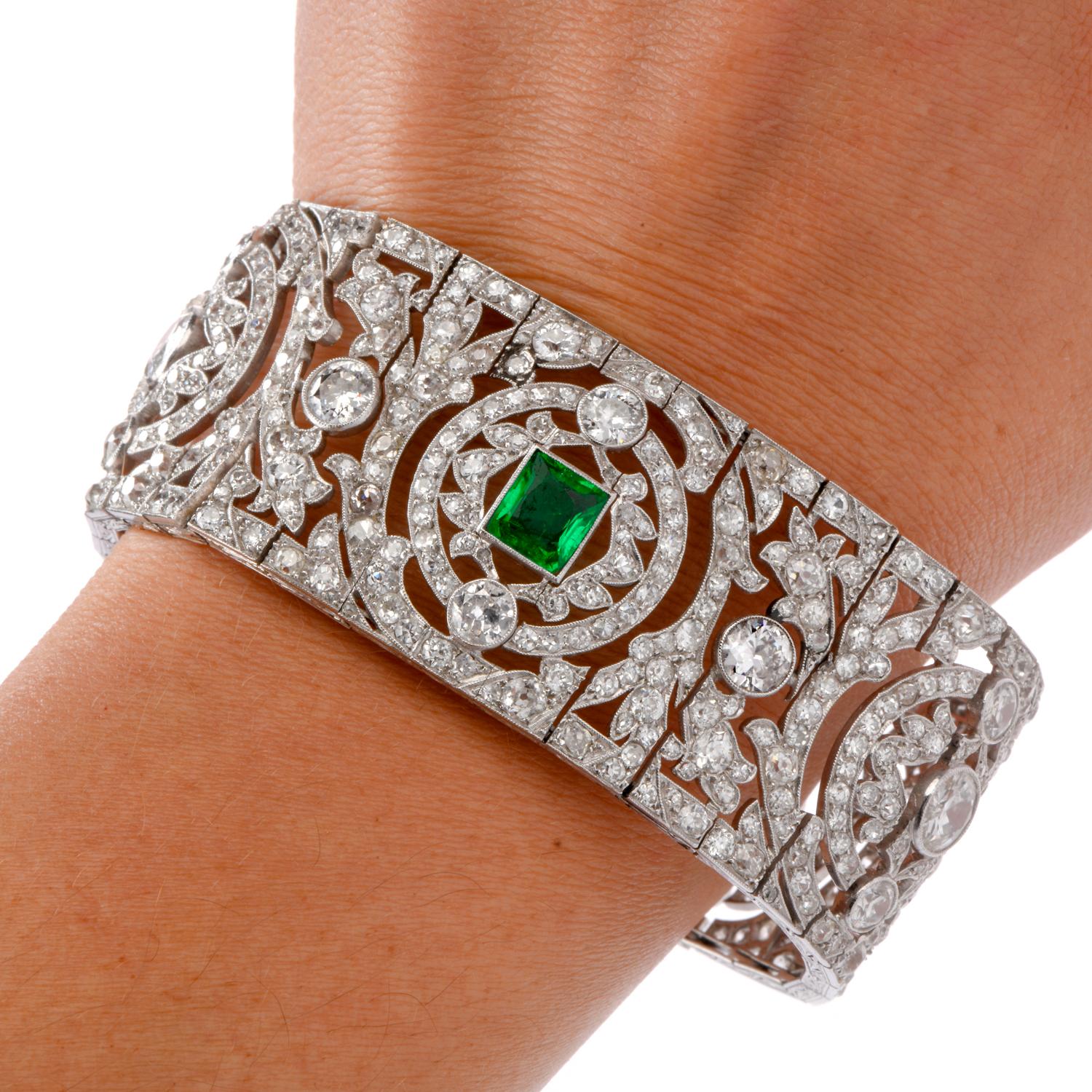 Women's or Men's Antique Art Deco European Diamond Emerald Platinum Wide Filigree Bracelet For Sale