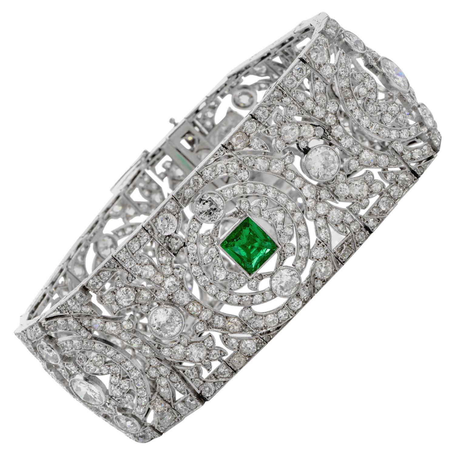 Antique Art Deco European Diamond Emerald Platinum Wide Filigree Bracelet For Sale