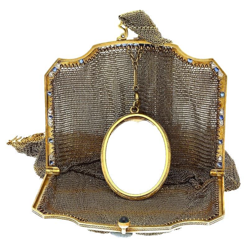 Antike Art Deco Abendtasche mit kompaktem Spiegel aus 14K, Platin, & Edelsteinen im Angebot