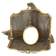 Antique Art Deco Evening Bag With Compact Mirror of 14K, Platinum, & Gemstones