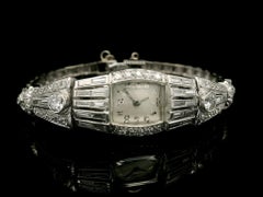 Antique Art Deco Fancy Platinum 1.85ctw Old Round & Baguette Cut Diamond Watch B