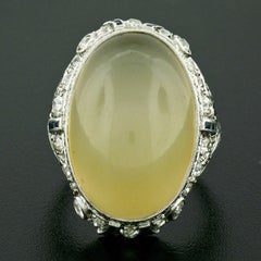 Antique Art Deco Fancy Platinum Moonstone Diamond Sapphire Filigree Large Ring