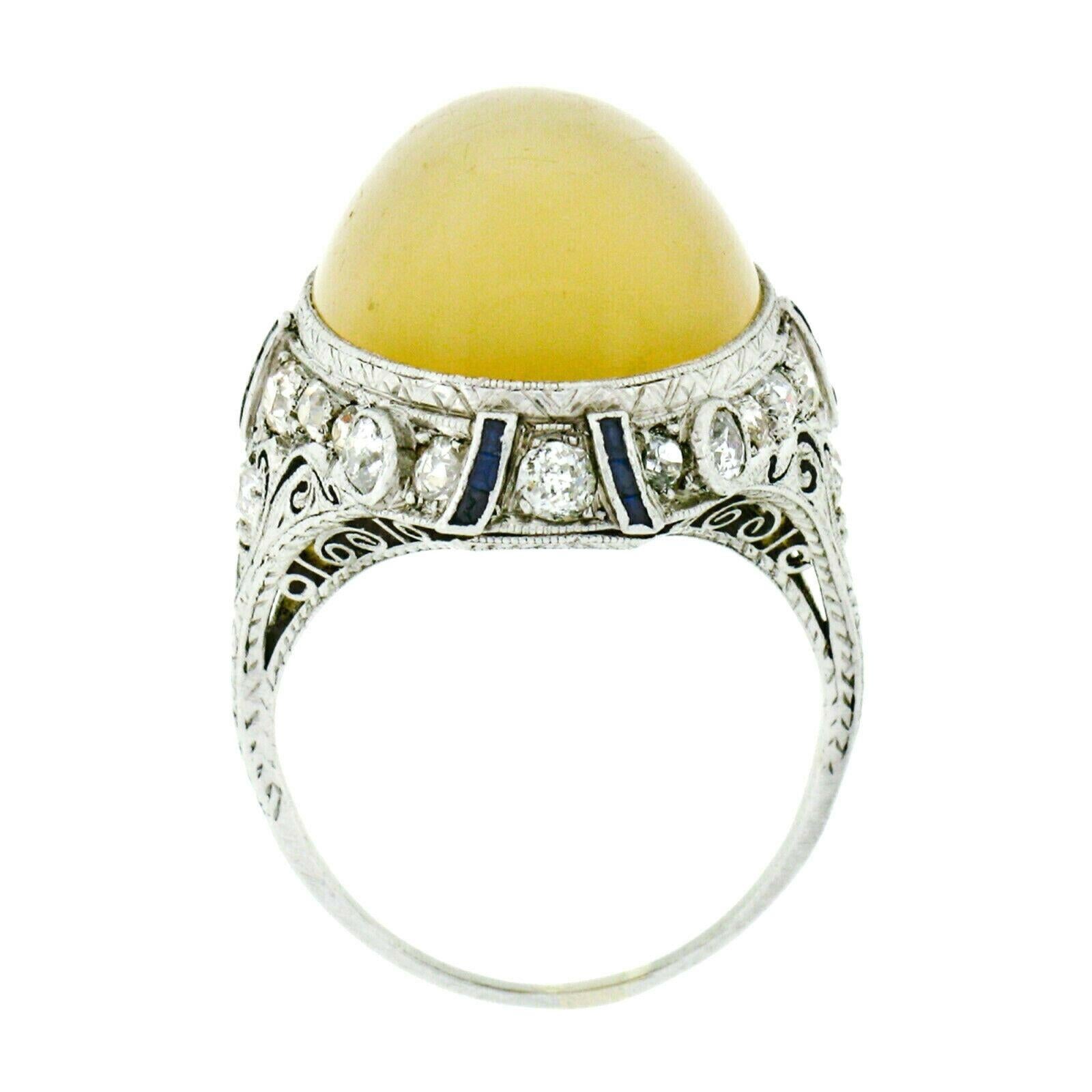 Women's Antique Art Deco Fancy Platinum Moonstone Diamond Sapphire Filigree Large Ring