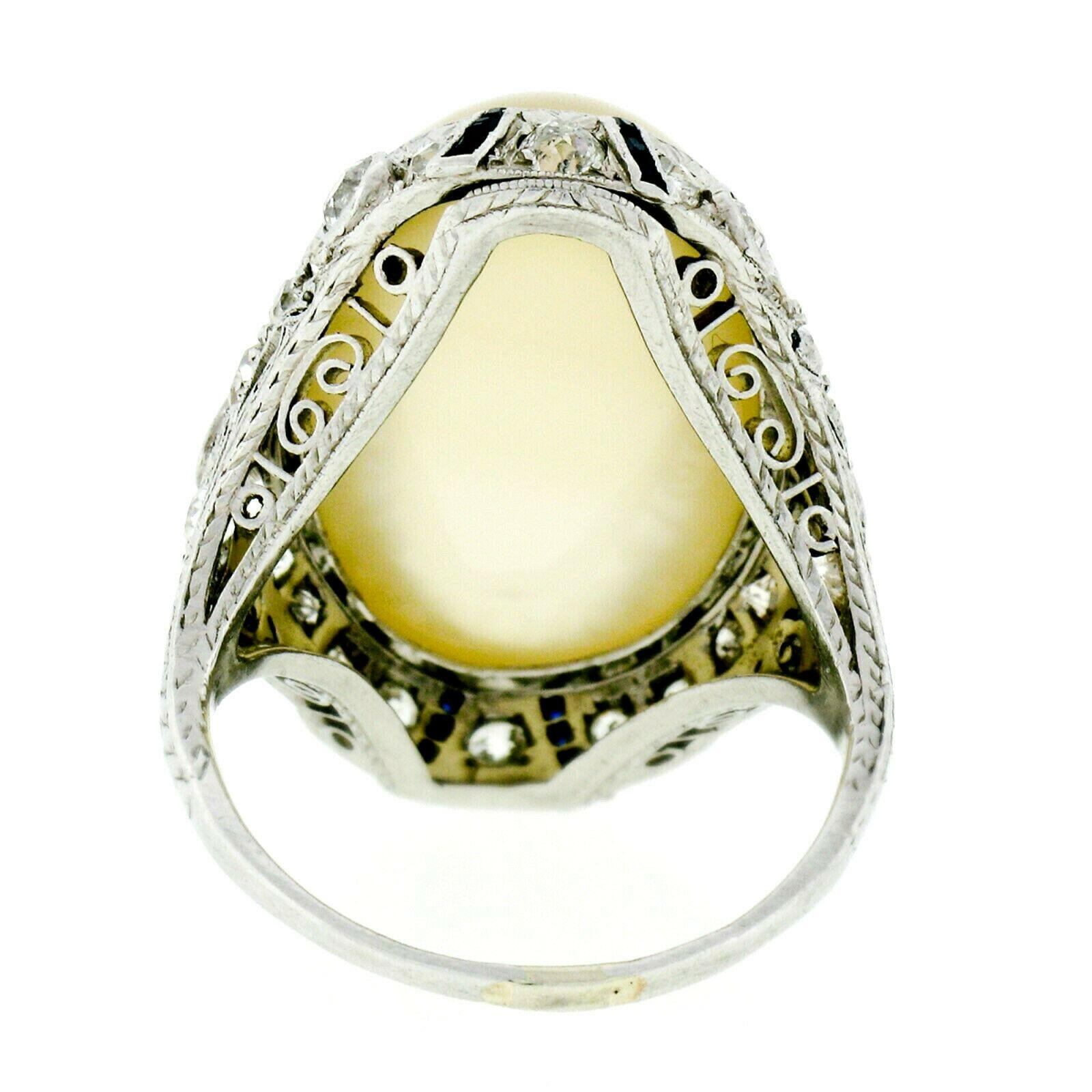 Antique Art Deco Fancy Platinum Moonstone Diamond Sapphire Filigree Large Ring 3