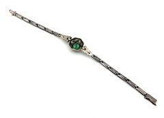 Antique Art Deco Fexible Link Bracelet Sterling Silver Green Glass
