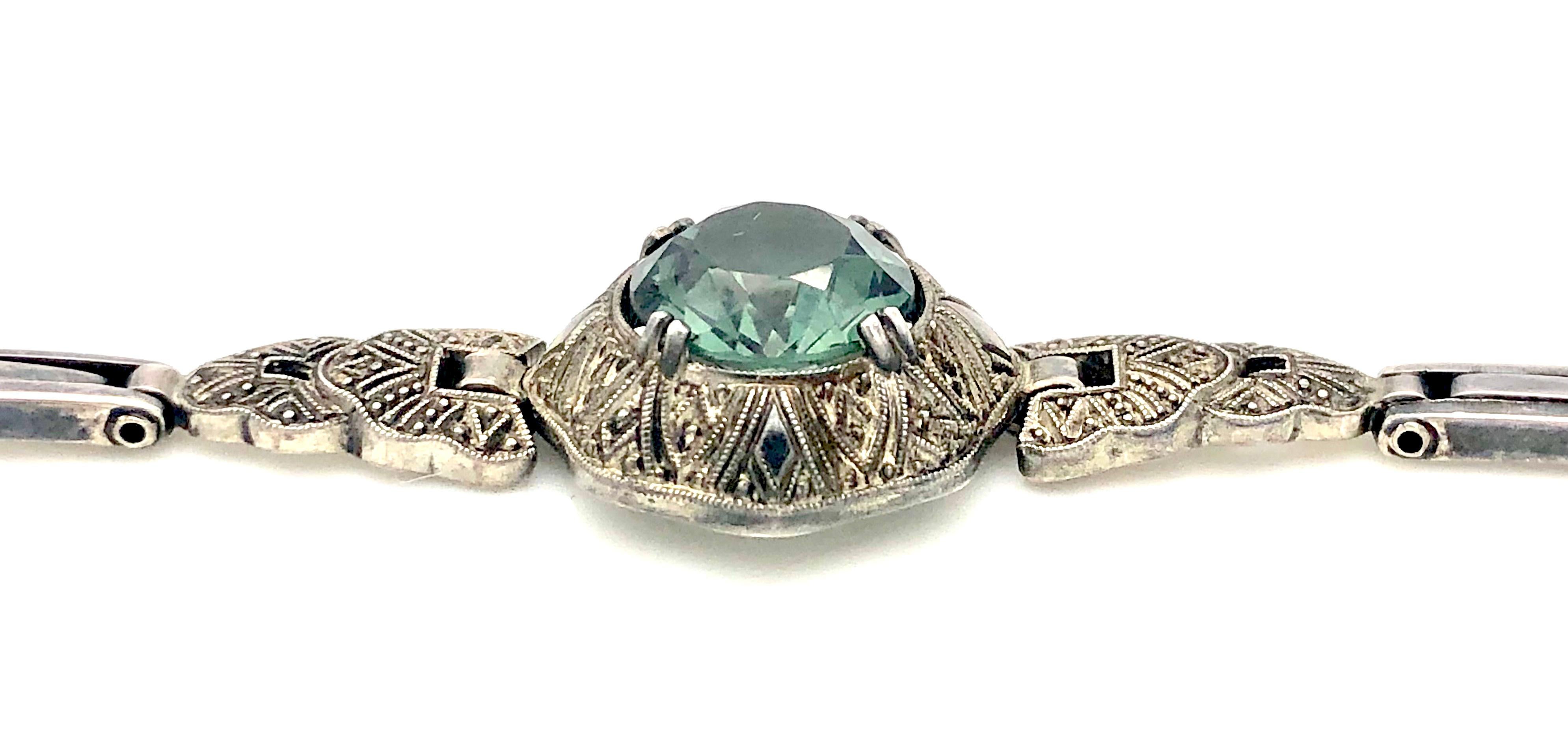 Women's Antique Art Deco Fexible Link Bracelet Sterling Silver Green Glass For Sale
