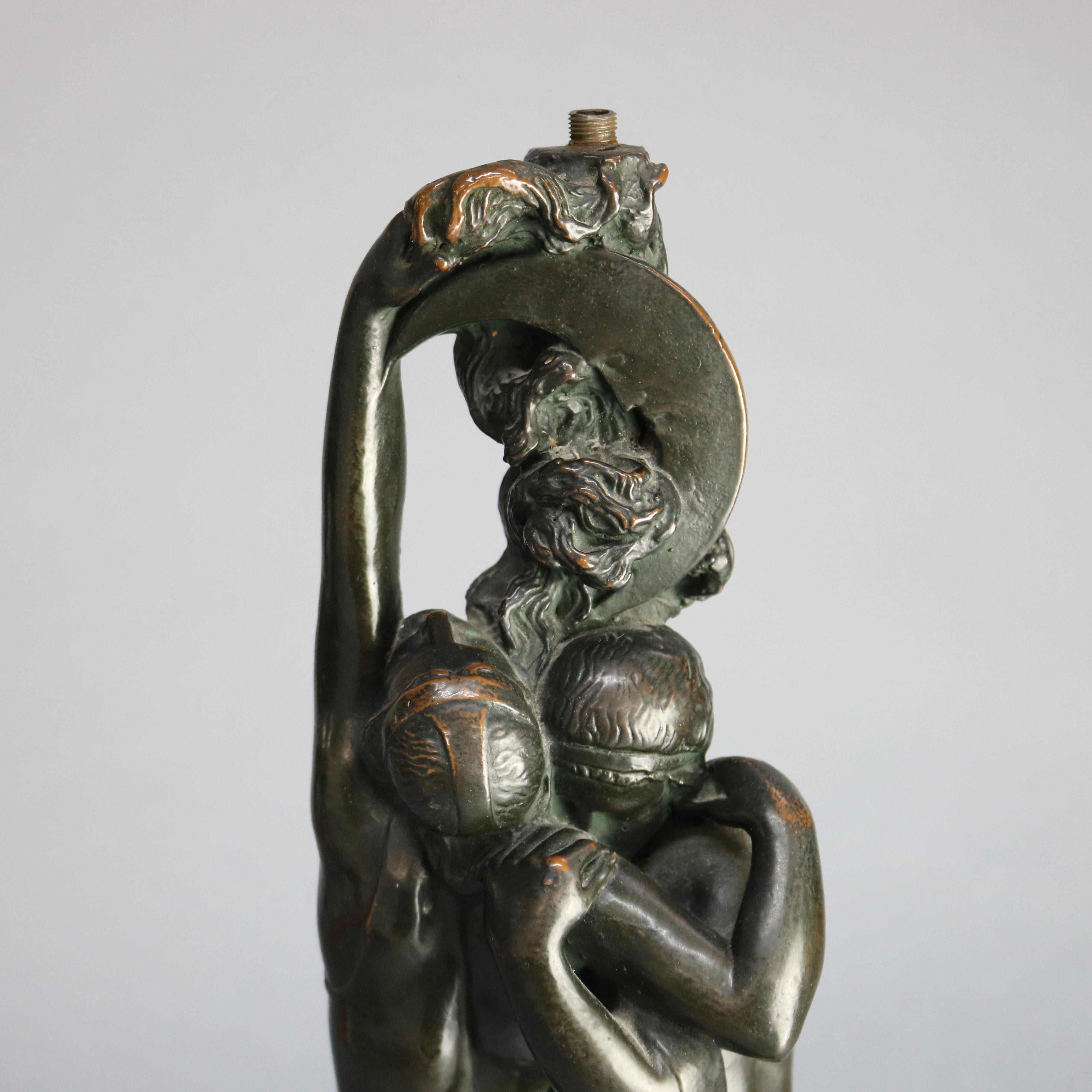 American Antique Art Deco Figural Paul Herzel Bronzed Clad Sculptural Lamp Base, c1930
