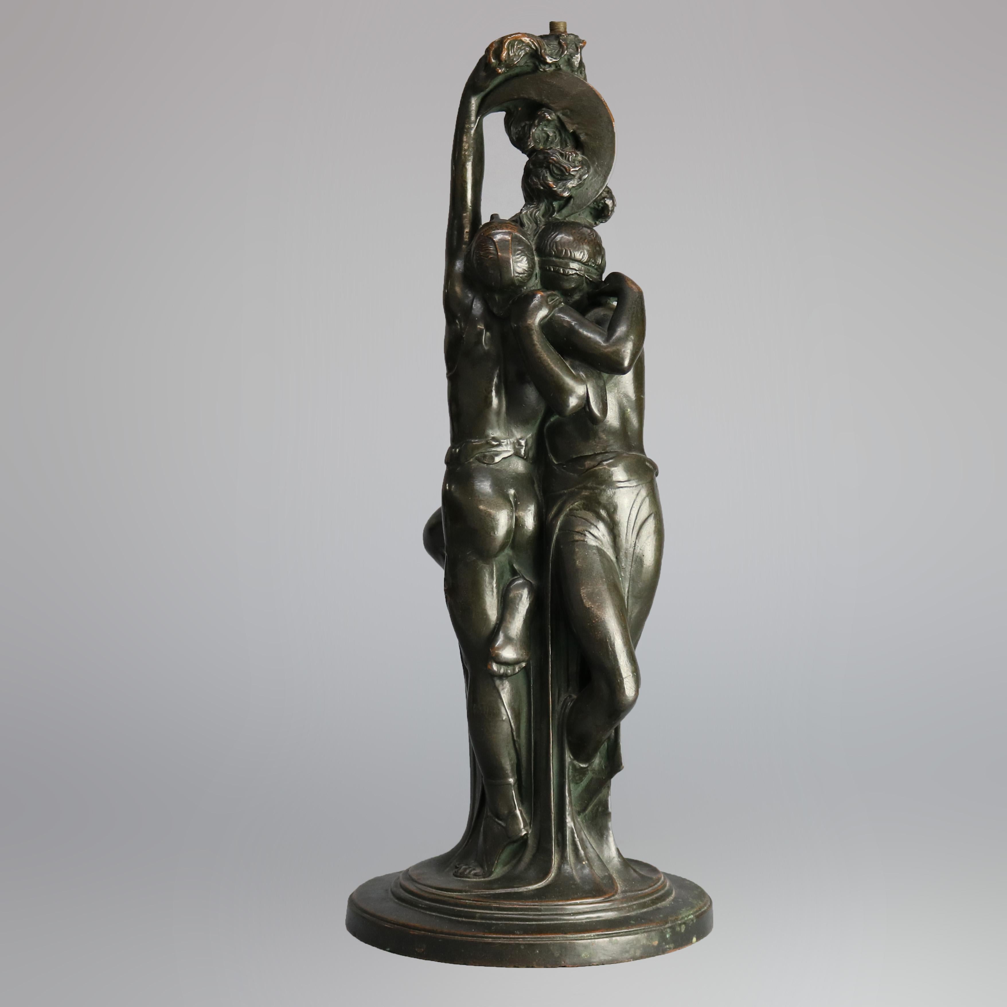 Antique Art Deco Figural Paul Herzel Bronzed Clad Sculptural Lamp Base, c1930 2
