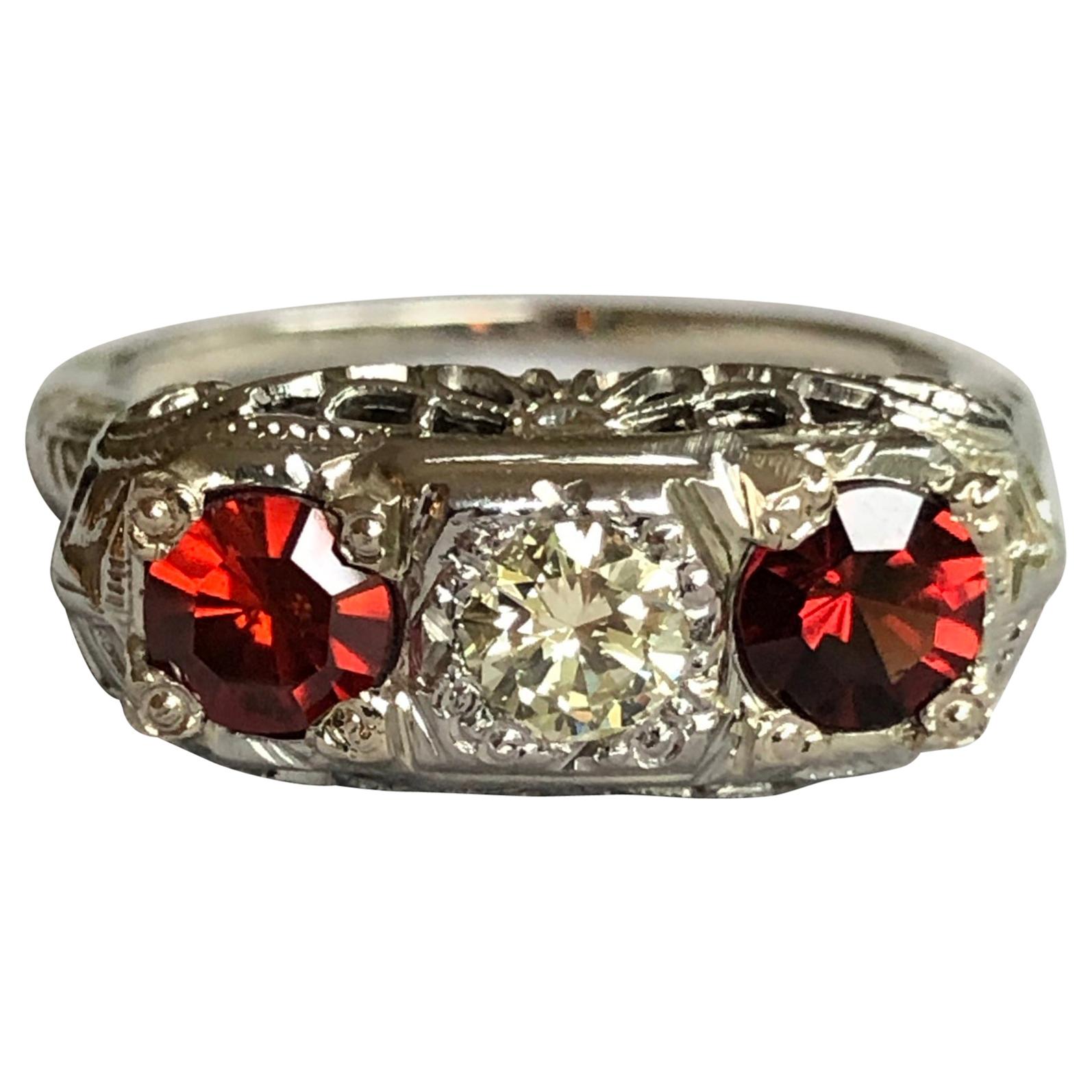 Art Deco Style Filigree 3-Stone Diamond Spinel Ring 18 Karat For Sale