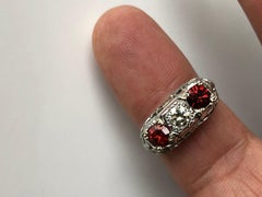 Art Deco Style Filigree 3-Stone Diamond Spinel Ring 18 Karat