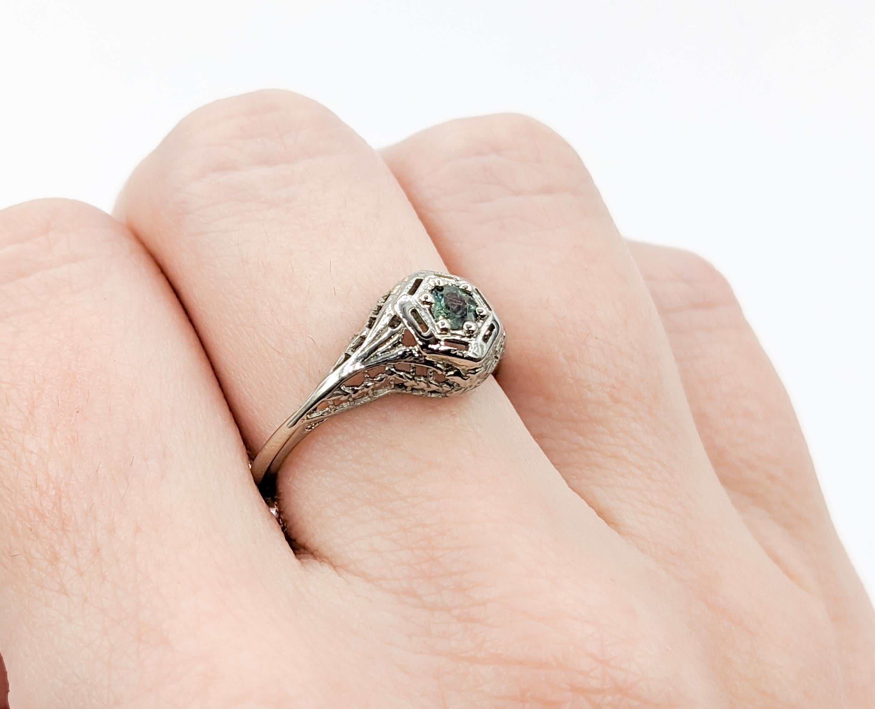 Antique Art Deco Filigree Alexandrite Ring in 18Kt White Gold Ring For Sale 5