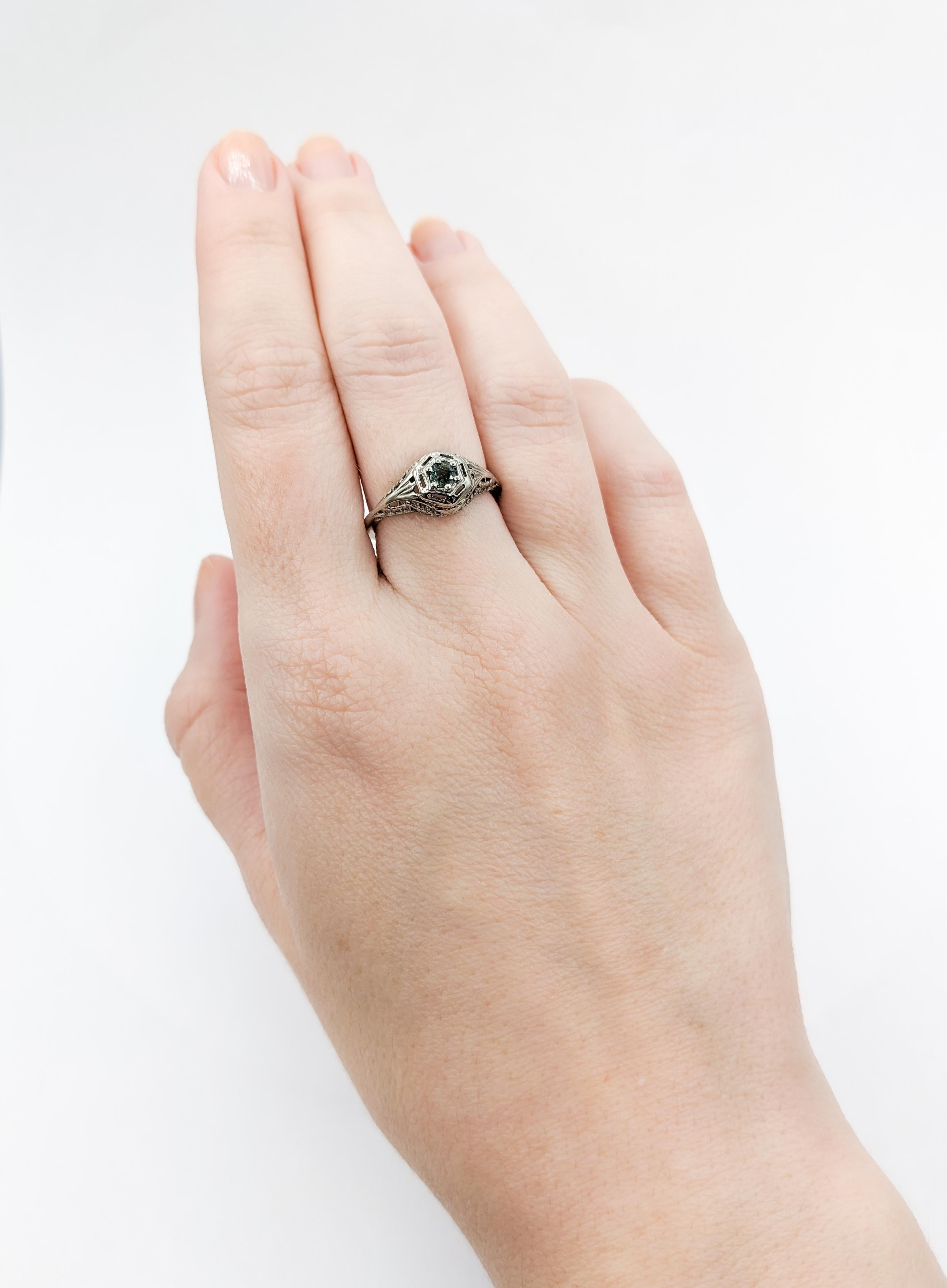 Antique Art Deco Filigree Alexandrite Ring in 18Kt White Gold Ring For Sale 7