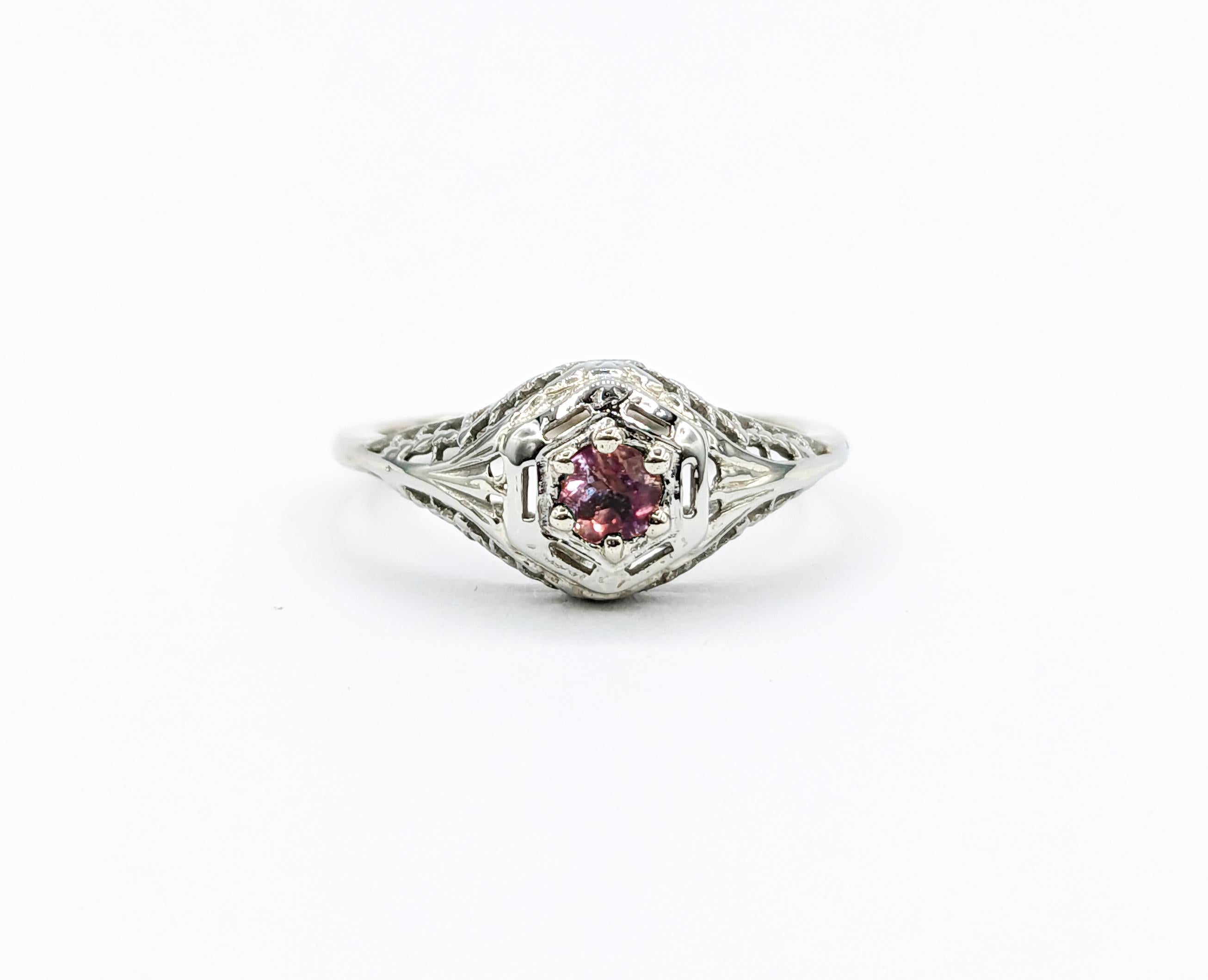 Round Cut Antique Art Deco Filigree Alexandrite Ring in 18Kt White Gold Ring For Sale