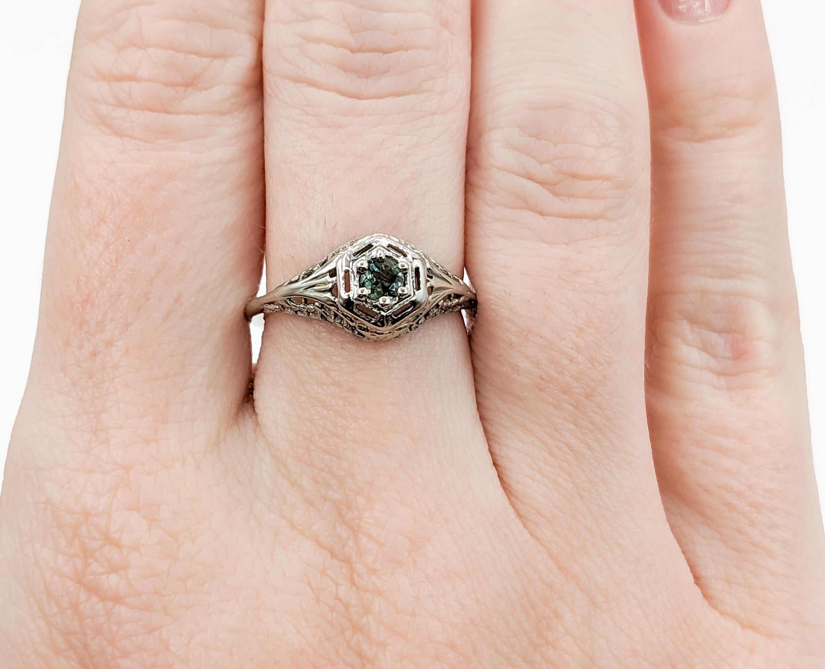 Antique Art Deco Filigree Alexandrite Ring in 18Kt White Gold Ring For Sale 4
